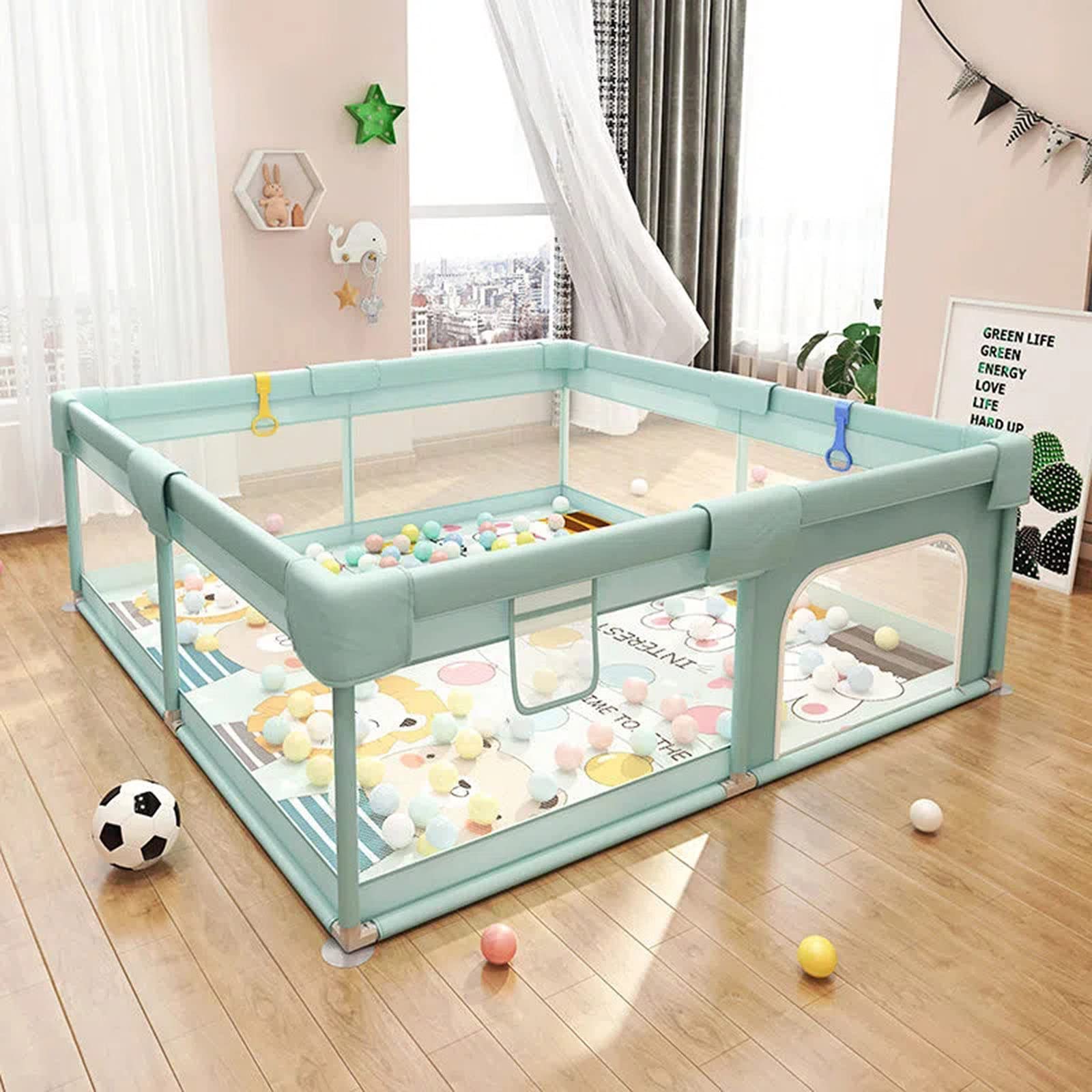 Jolan Baby Playpen with Mat,Portable Kids Indoor Outdoor Activity Center Playpen,Baby Fence with Breathable Mesh and Anti-Slip Suction Cup,Safety Playard Fence,Crawling Playpen,Green-120×180cm