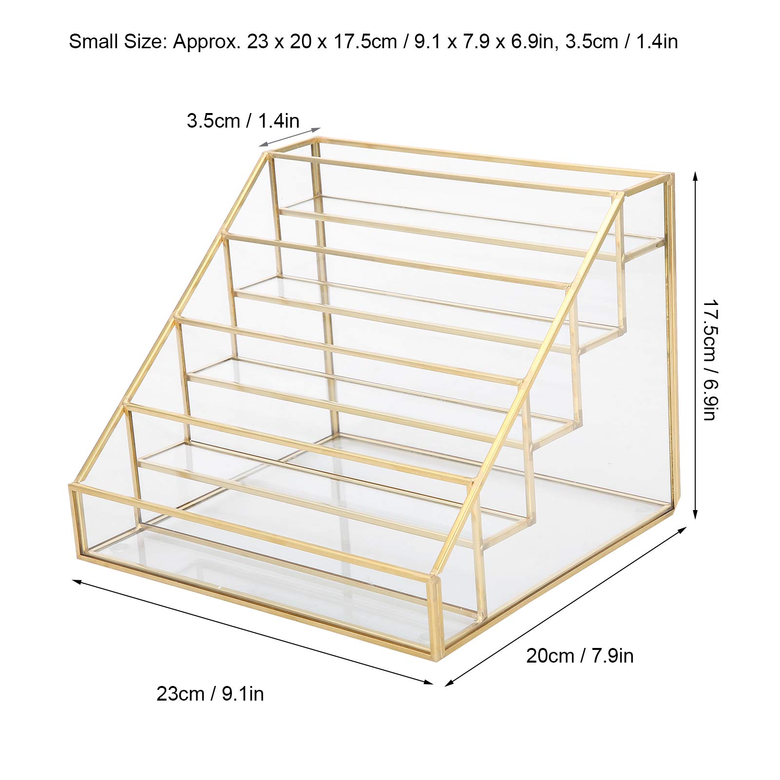 Brrnoo Porta Smalti Espositore Organizer Trucco Scaffale Trapezoidale 5 Ripiani Vetro Rame con Superficie Trasparente Lucida per Smalti Oli Essenziali Lucidalabbra Balsamo (Piccola)