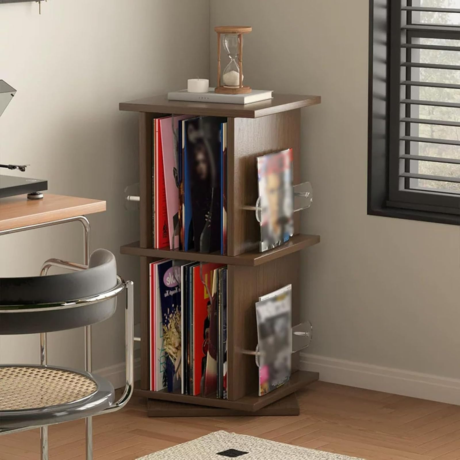 Mobile Porta Dischi In Vinile Girevole A 360°, A 2 Ripiani In Legno Massello, Con Capacità Da 26 A 56 Dischi, Portata Massima 20 Kg, Ideale Per Dischi In Vinile, Libri, Riviste E Cd. A