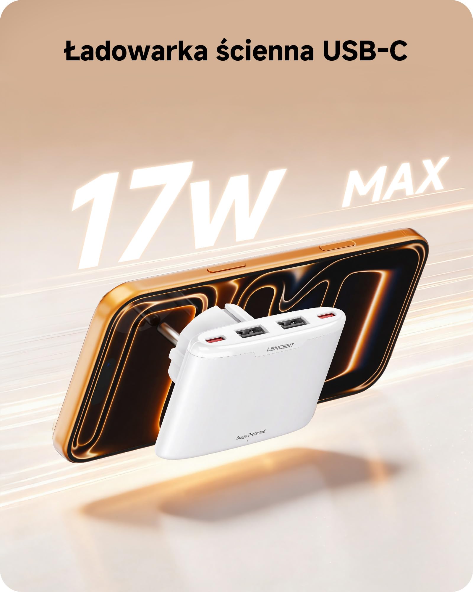 LENCENT Ładowarka USB Slim do ściany, wtyczka do ładowania EUładowania | z 4 gniazdami 17 W USB-C Ładowarka szybkie ładowanie, kompatybilna z iPhone 17/16/15, iPad, telefon komórkowy, tablet