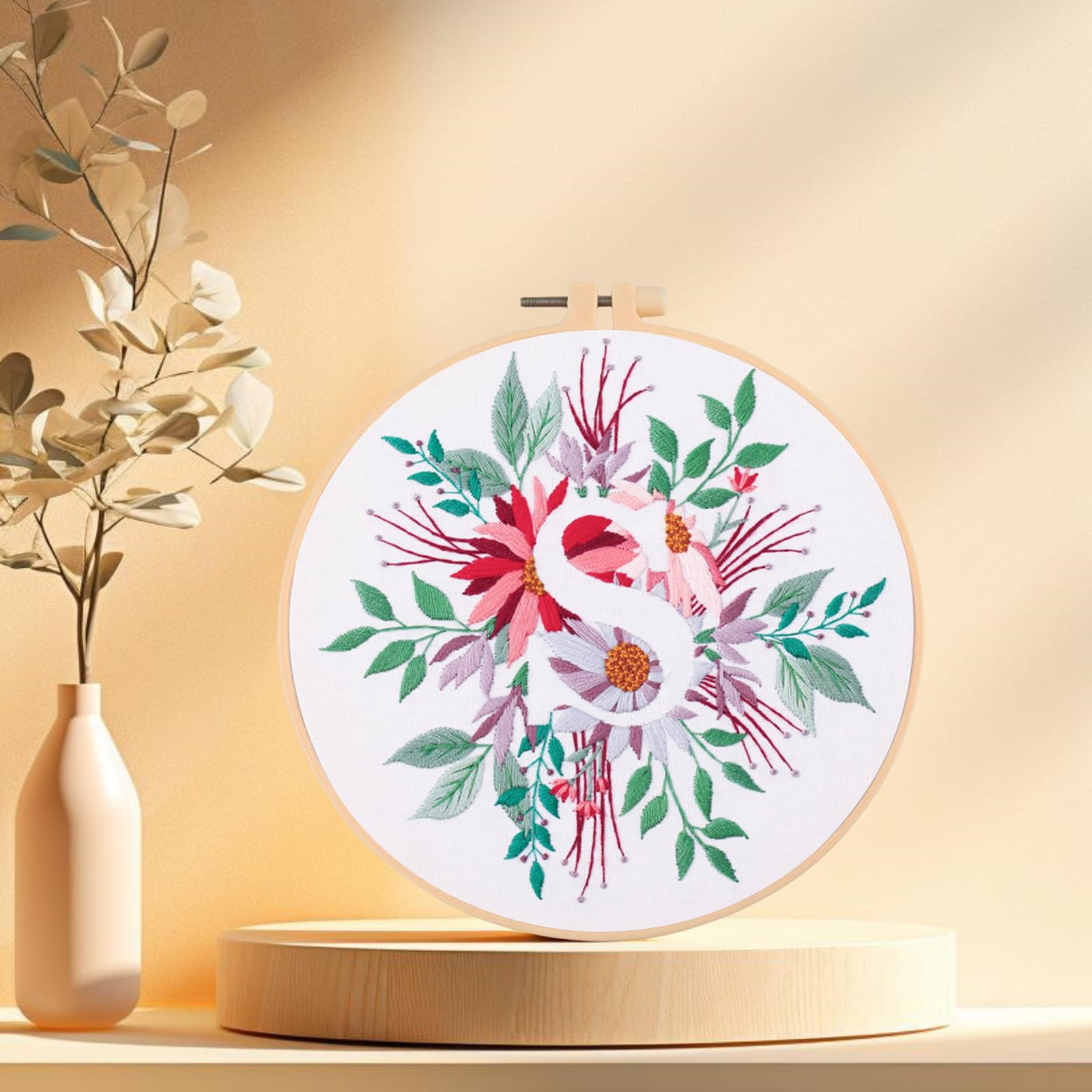 IUHUI Embroidery Kit for Beginners Adults - 26 Floral Letters Easy Patterns, DIY Hand Stitching Embroidery Set with Hoop (Flower and Grass Letter S)