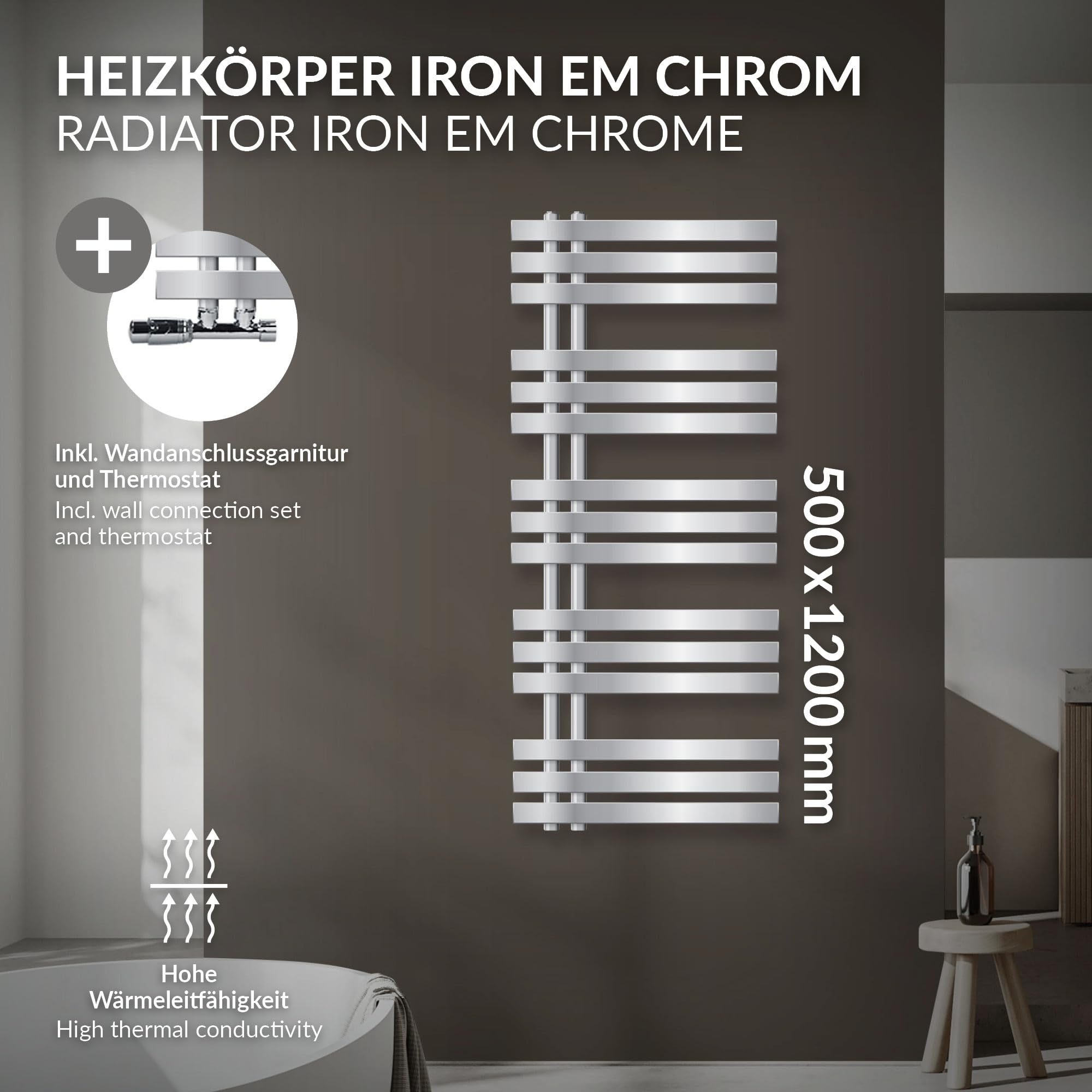 LuxeBath Radiador Toallero de Baño Iron EM 500 x 1200 mm Cromado Estufa con Termostato de Conexión Central en Forma de Esquina a la Pared, Calentador Secador de Toallas, Kit de Montaje Incluído