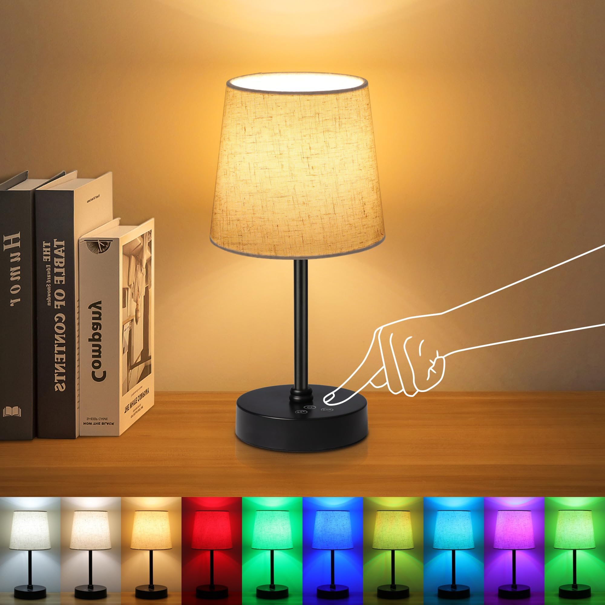 Ascher Small Cordless Table Lamp RGB 7 Color Changing, 3 Color Temperatures, Built-in Rechargeable Battery, Dimmable Portable Bedside Night Lamp, Flaxen Shade Ambient Light for Restaurant, Bedroom