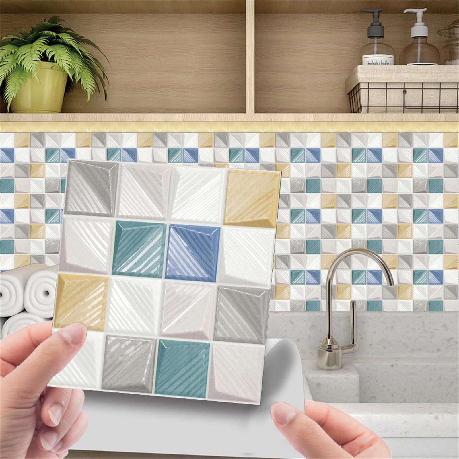 Tile Transfers Stickers 10x10cm,Mosaic Tile Stickers PVC Self-Adhesive Wall Sticker Waterproof Wallpaper Tile Decals for Kitchen Bathroom Backsplash (30pcs, MSC079)