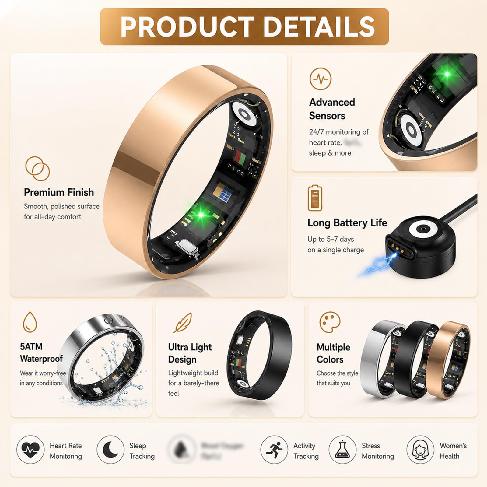Smart Ring Uomo Donna, 2026 Nuovo Smart Ring, IP68 Resistente all'Acqua Molteplici modalità Sportive Contapassi Monitoraggio delle Calorie Anello Fitness Tracker Black-8#