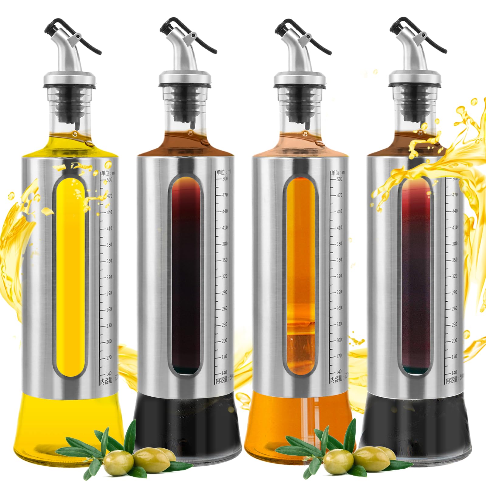 Set Di 4 Bottiglie Per Olio E Aceto Da 500 Ml – Dispenser In Vetro Con Ugello Dosatore, Imbuto E Pennarello Inclusi, Perfetti Per Cucina E BBQ