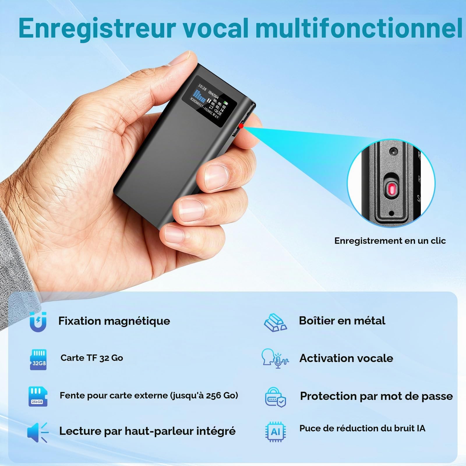 32GB Enregistreur Vocal Magnétique avec Autonomie 350h, Extension Carte TF, Lecture Haut-Parleur et Enregistrement en Un Clic, Appareil Portable USB‑C Reconnaissance Vocale