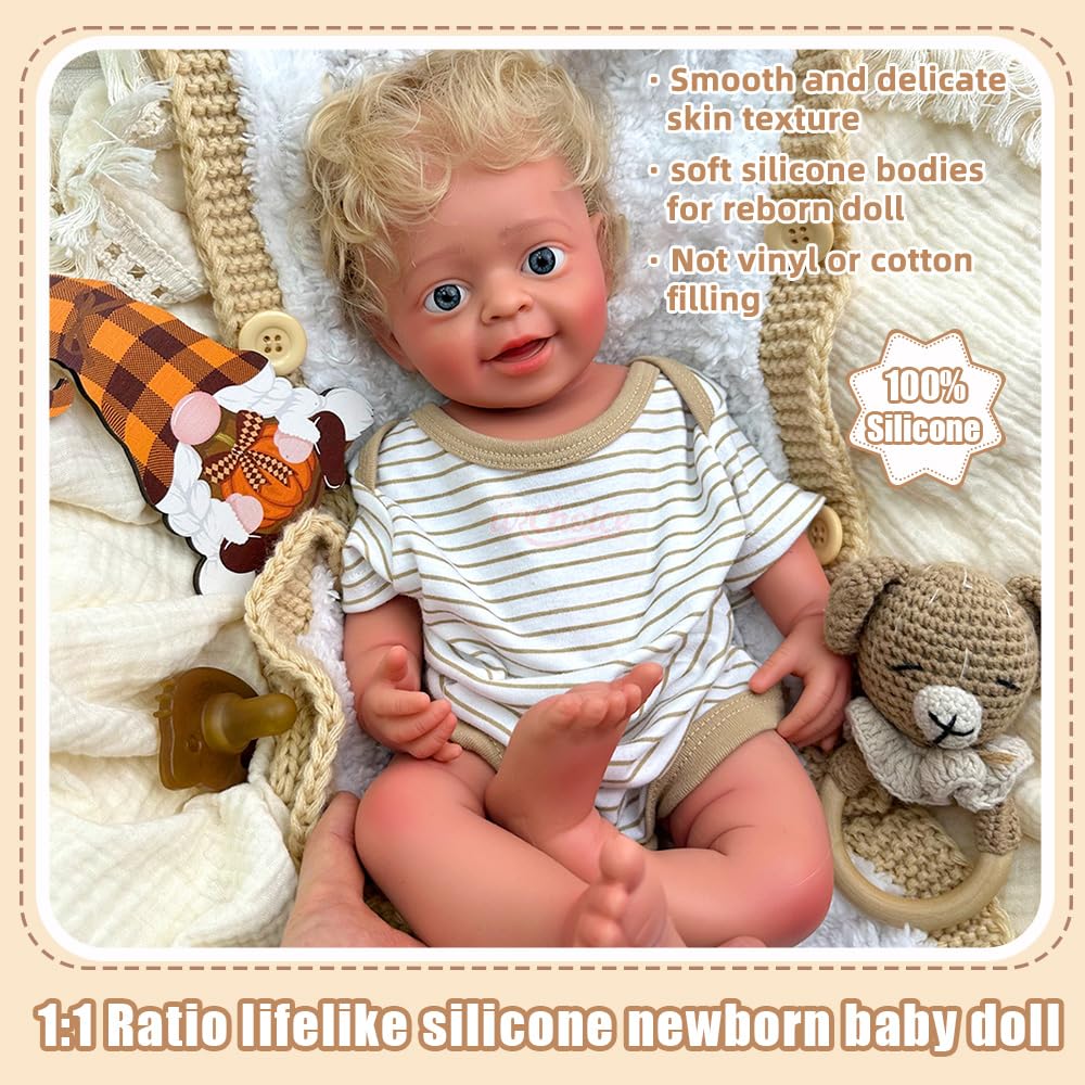 Reborn-Babypuppe (Junge) mit gebräunter Haut und geöffnetem Mund – Waschbarer Vollsilikonkörper mit gerootetem Haar und Leuchtend blauen Augen – In Geschenkbox für Kinder ab 3 Jahren