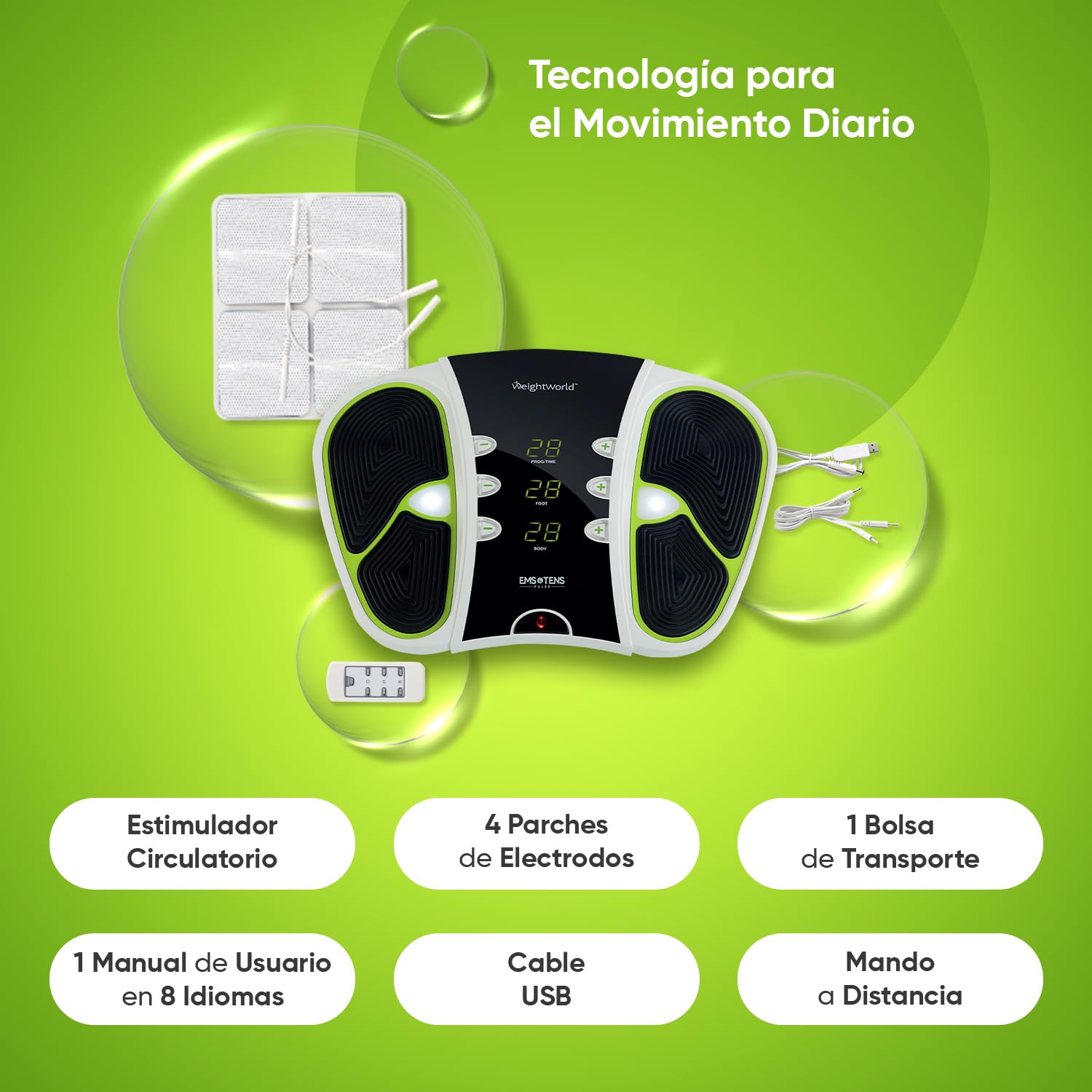 Estimulador Circulatorio de Impulsos Eléctrico, Con Tecnología EMS y TENS, 4 Parches de Electrodos - Control Remoto, 99 Niveles de Intensidad, Masajeador de Piernas y Vibrador de Pies