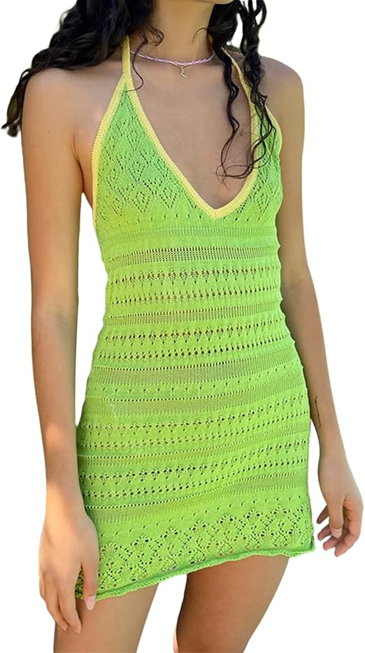 Women Sexy Halter Neck Backless Bodycon Dress Crochet Knitted Mini ...