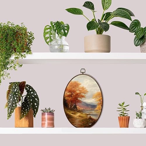 Miniatura 5 de JQF Arte de pared ovalado vintage de otoño, paisaje rústico de montaña de otoño, bosque ovalado, arte de pared, arte de pared retro Moody otoñal,
