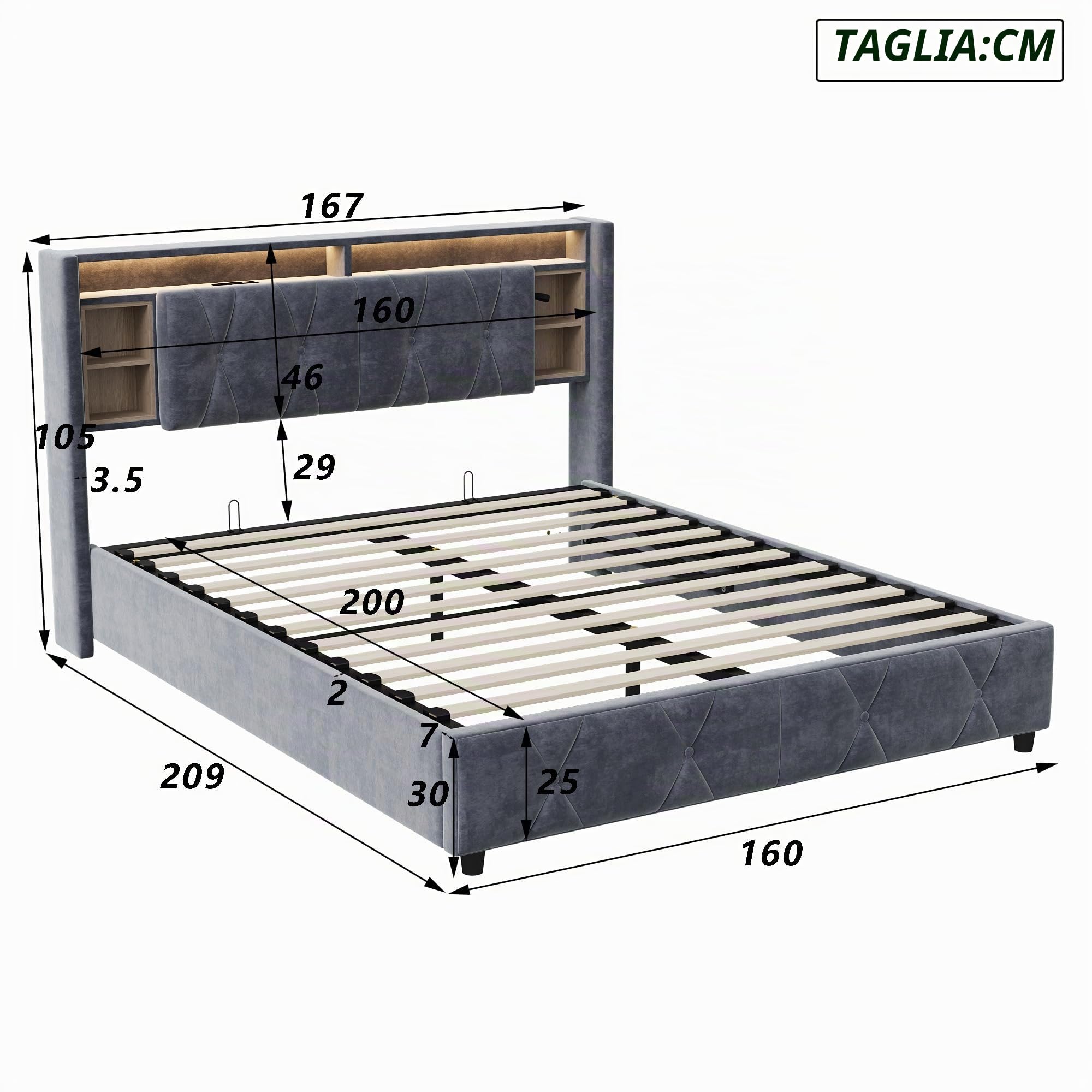 BRILVERDE Letto Imbottito 160x200 cm con Contenitore Idraulico, Letto Matrimoniale a LED con USB, Funzionale con testiera, Struttura Letto con Rete a doghe, Velluto (Grigio, 160 x 200 cm)