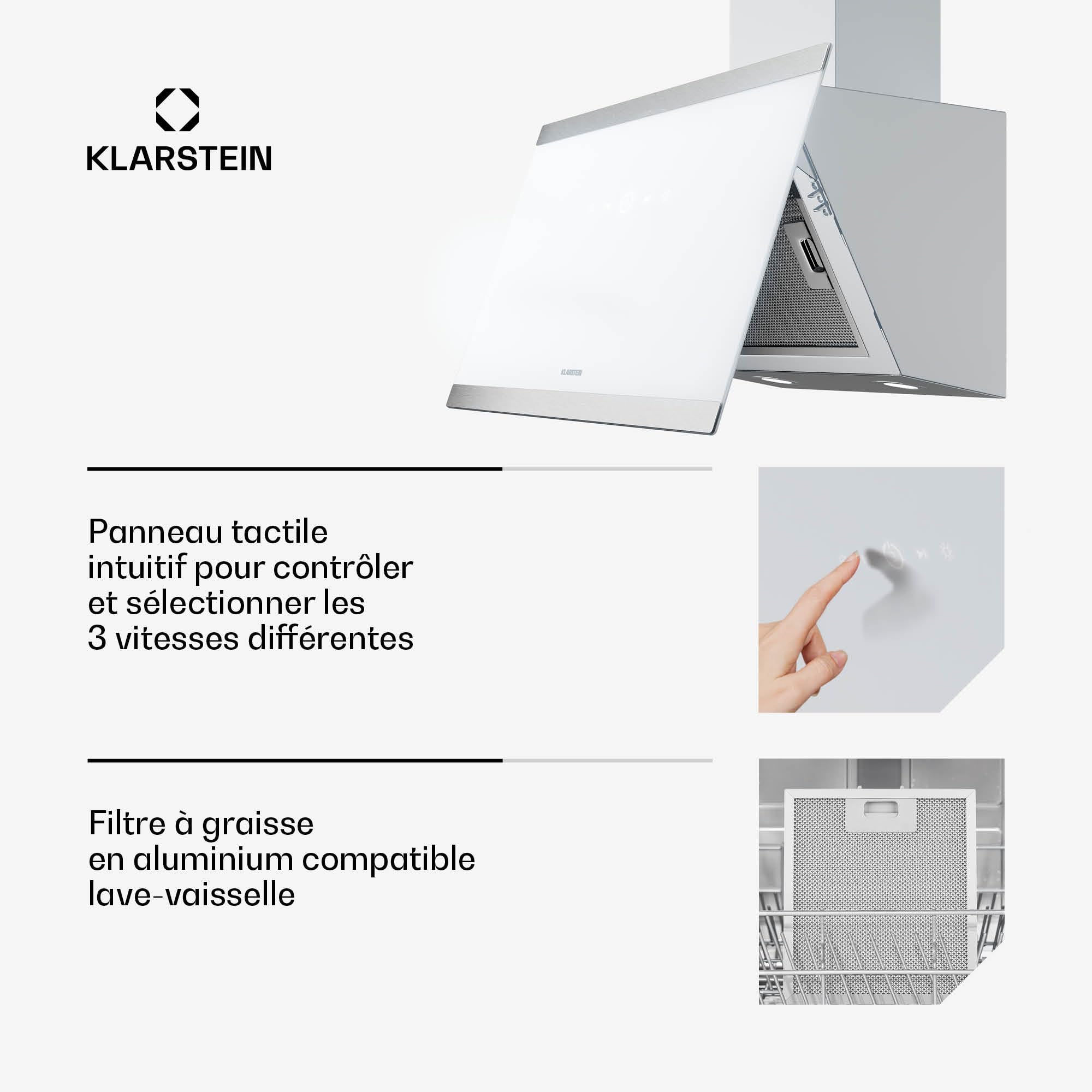 Klarstein FlashLine Campana extractora - 60cm campana cocina decorativa, pantalla táctil, 578 m³/h, a++ eficiencia energética, iluminación led, silenciosa 34,5 db, blanca, conductos & recirculación