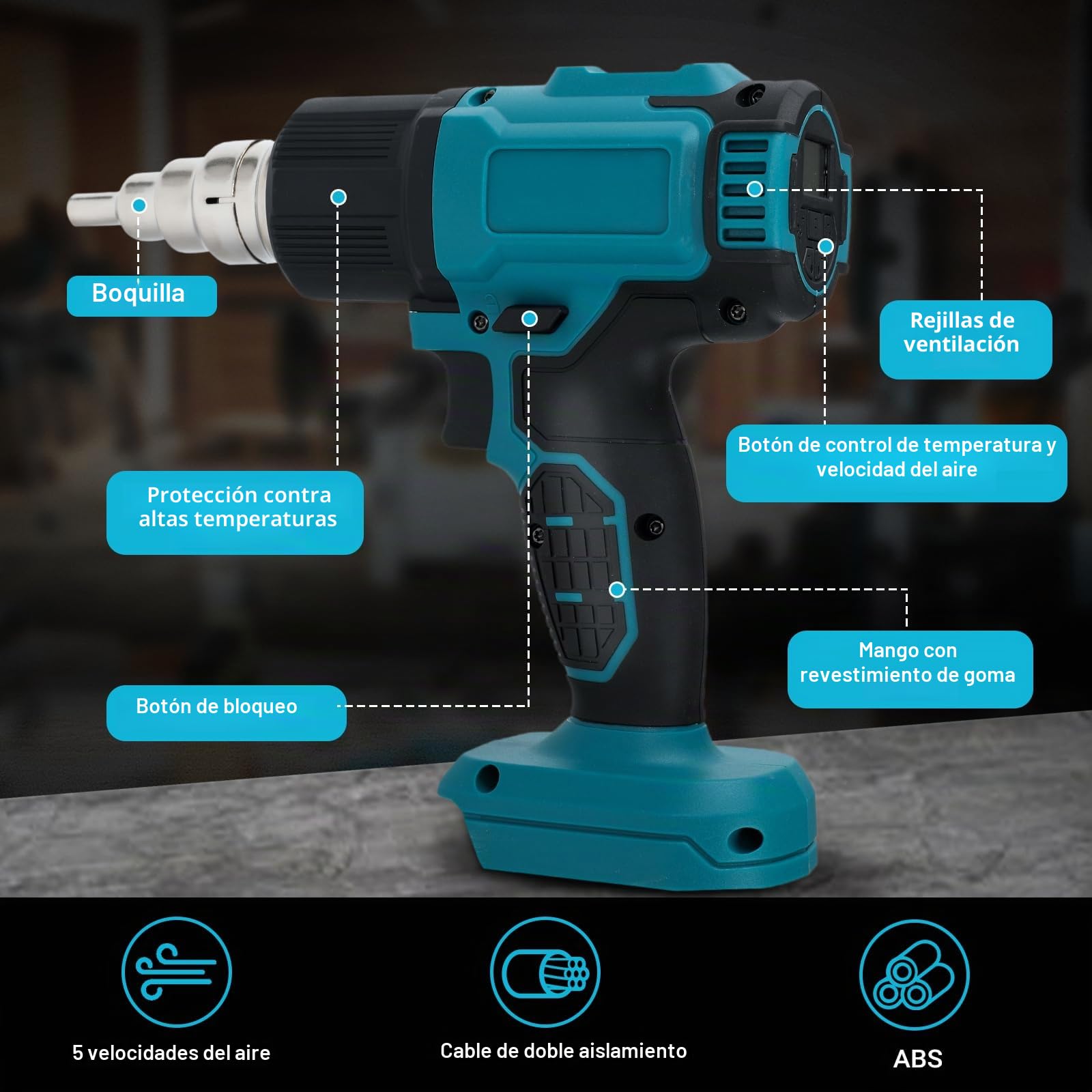 Pistola de Calor Inalámbrica Compatible Con Baterías Makita 18V, Pistola de Aire Caliente con 8 Boquillas, Pantalla LCD Digital, 4 ajustes de temperatura, máx. 500 °C (sin batería)