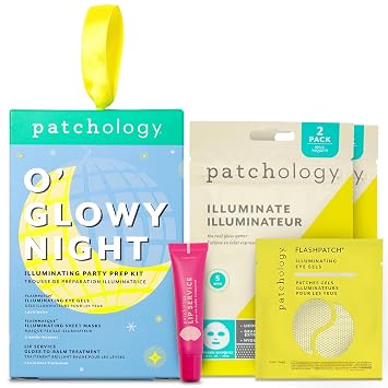 Patchology O Glowy Night Party Prep Set - Brightening Face, Eye & Lip Masks for Instant Glow, Vitamin C Sheet Mask, Under Eye Patches plus Rose lip mask with Resveratrol - Stocking Stuffer Gift