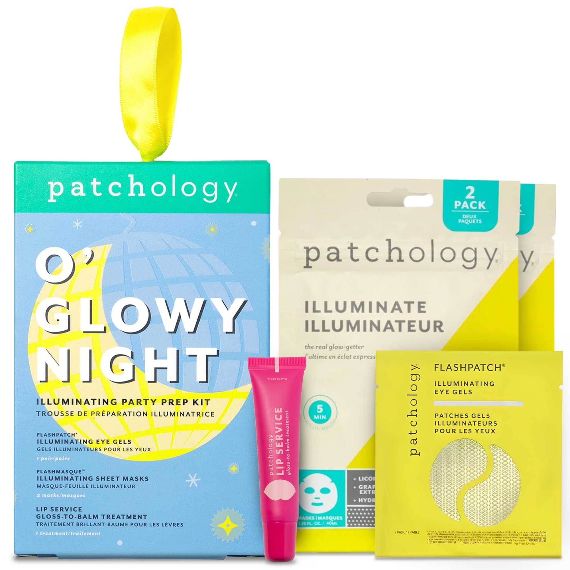 PatchologyO' Glowy Night: Party Prep Set - Brightening Face, Eye & Lip Masks for Instant Glow, Vitamin C Sheet Mask, Under Eye Patches plus Rose lip mask with Resveratrol - Stocking Stuffer Gift