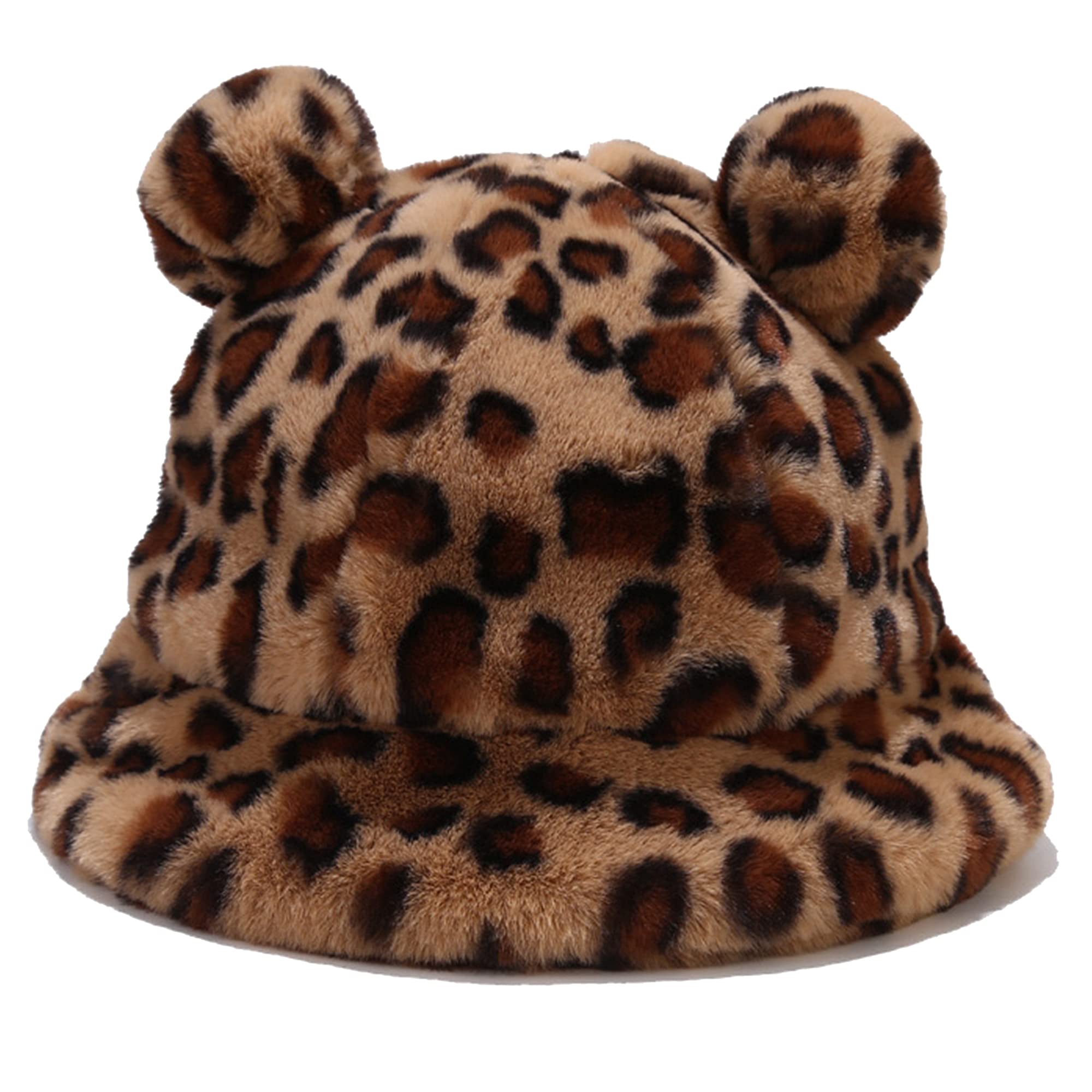 Umeepar Winter Faux Fur Bucket Hat Fluffy Warm Hat for Women Men - Double Pom Pom Leopard Print