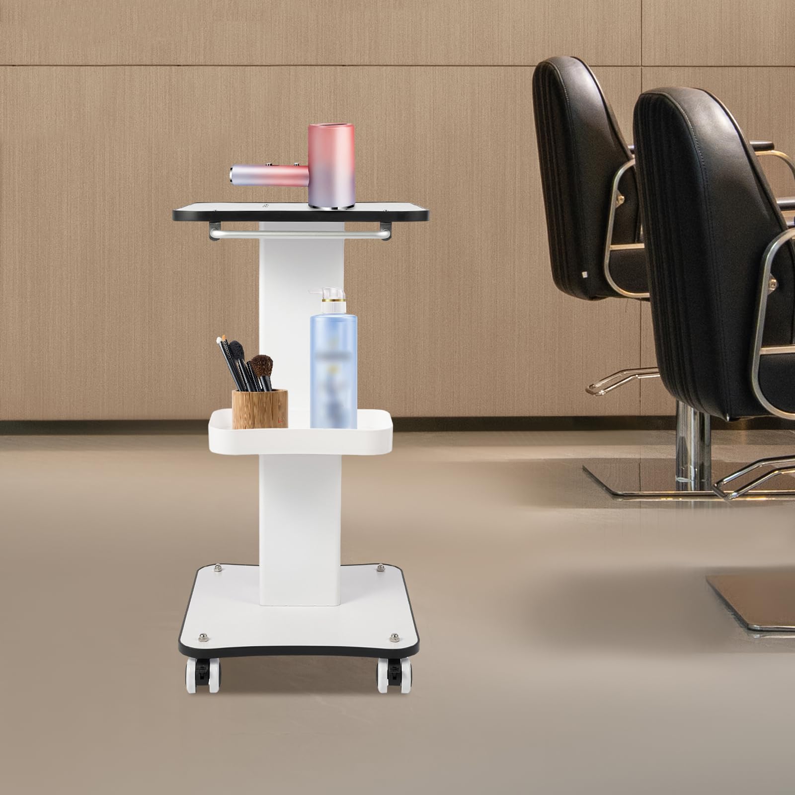 Chariot Roulant Blanc Médical Coiffure, Table Roulante avec Poignée Ergonomique, Support Matériel 2 Plateaux, roulettes 4 Dont 2 Freinées, Charge 40kg, pour Salon Hôpital Laboratoire, 34x38x69cm