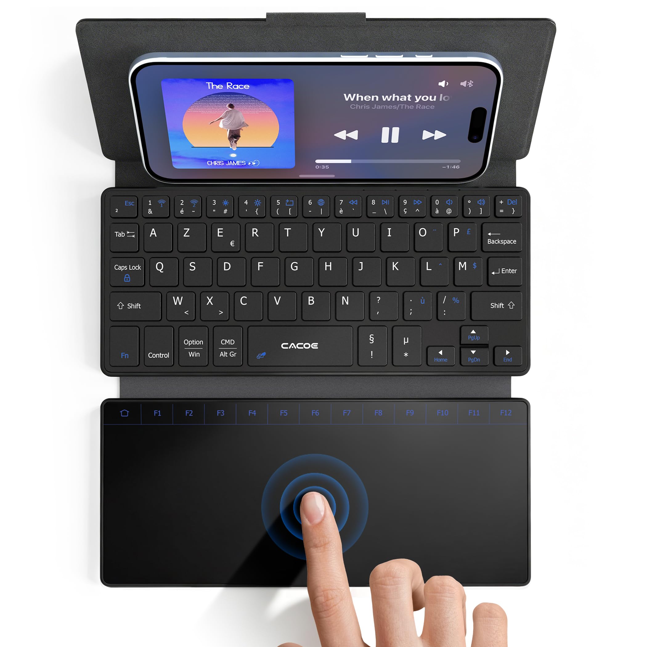 CACOE Mini teclado Bluetooth con panel táctil para teléfono móvil, ultrafino, portátil, plegable, doble canal, AZERTY teclado con soporte de posición para smartphone y más iOS, Android, Windows, negro
