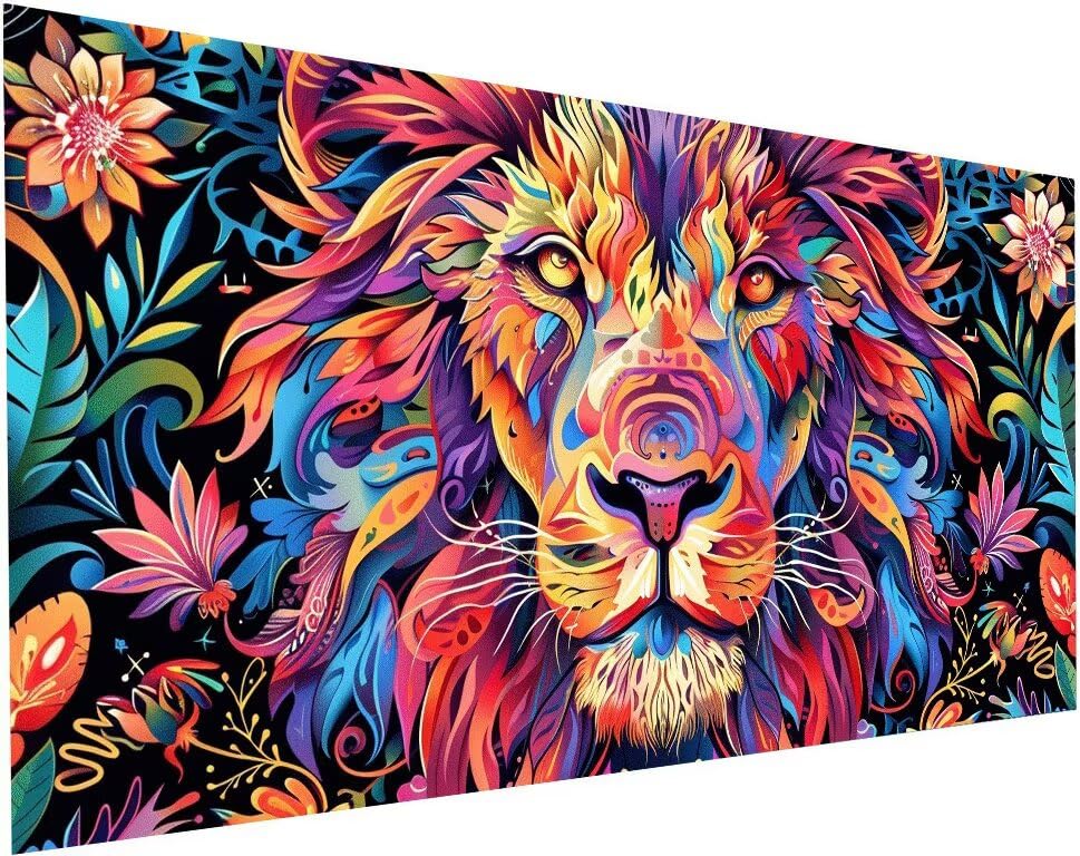 Peinture diamant lion 80x160 cm grand format et broderie diamant kit complet fleur