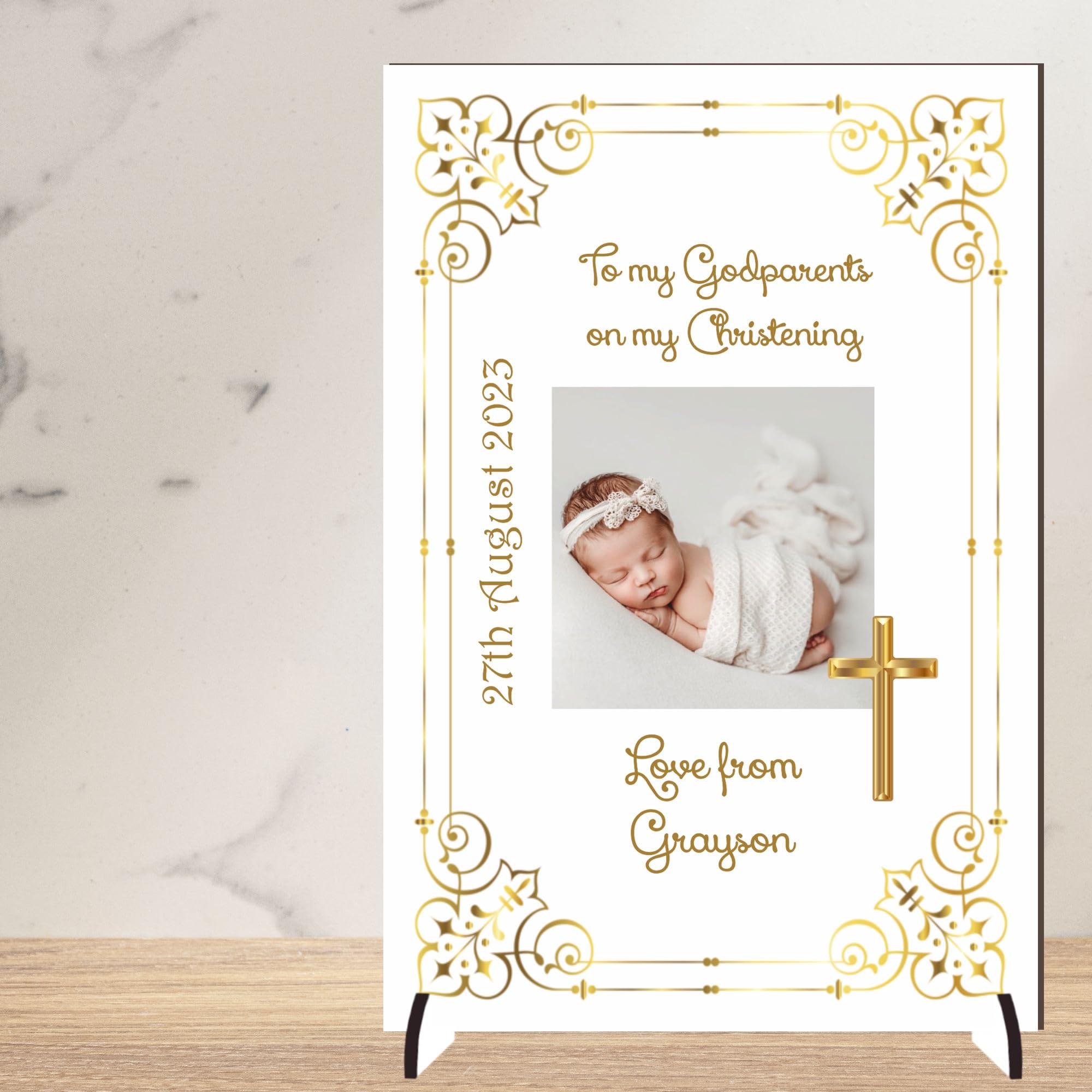 Personalised 'To My Godparents' Christening Photo Plaque | Unique Keepsake Gift | A4 or A5 Size | Customisable with Special Message | (Mdf Wood A4 30cm x 21cm, Gold)