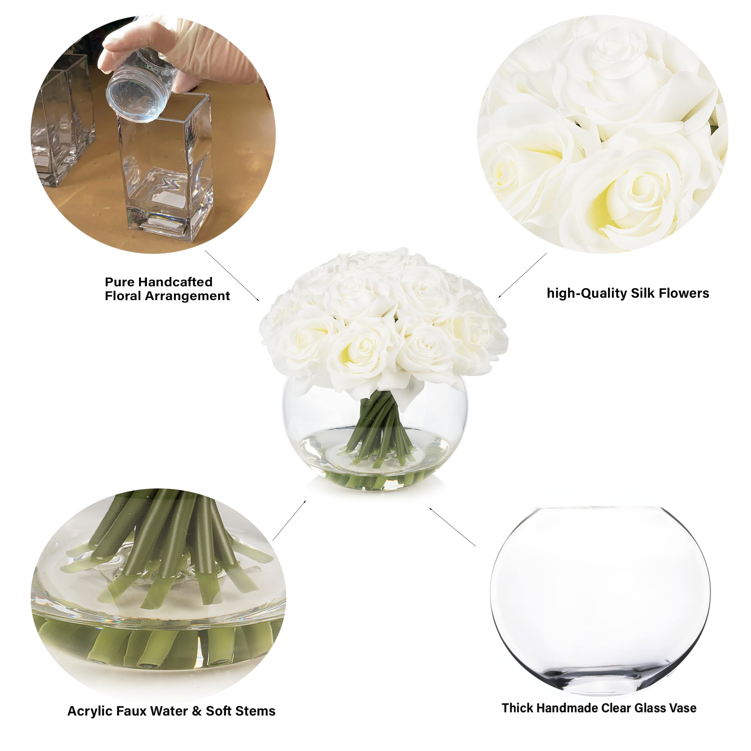 Composizione di rose artificiali in seta con vaso e acqua finta per centrotavola – 16 teste