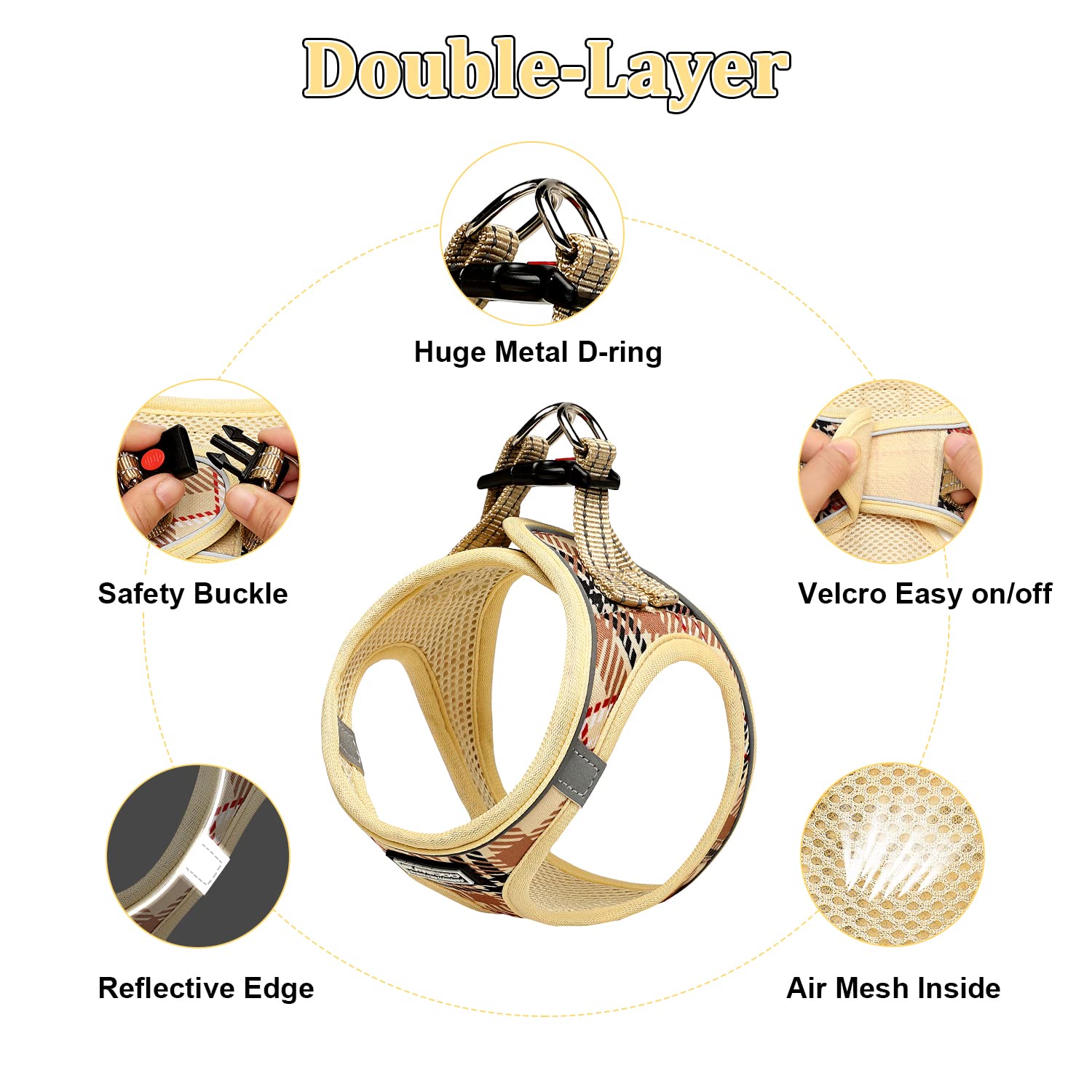 Suredoo Pettorina Cane Taglia Piccola Riflettente, Step-in Pettorina per Cani Gatti Cuccioli con Guinzaglio Comodo, Traspirante Imbracatura Cane Imbottito per Corsa Passeggiate (S, Beige Marrone)