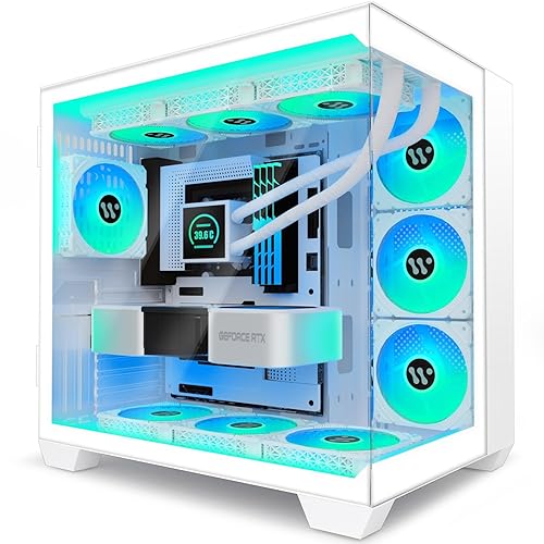 KEDIERS PC CASE ATX 9 PWM ARGB Fans Pre-Installed, Mid-Tower Gaming PC Case, Panoramic Tempered Glass Computer Case with Type-C,360mm Radiator Support - WHITE