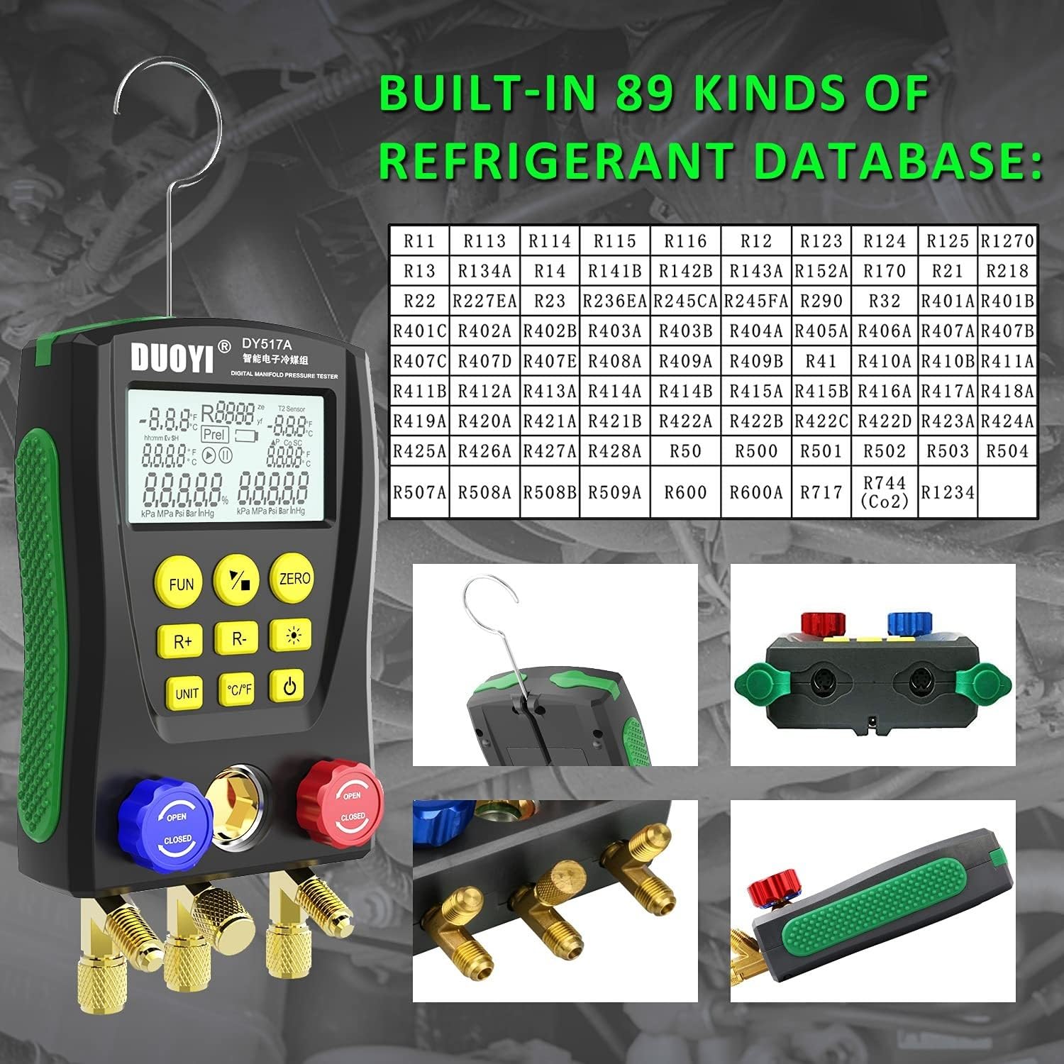 Manómetro digital HVAC con sondas de temperatura dobles para pruebas compatibles con R134a, R22, R12, R502, R407C, R410A, R404A, R32 (A)
