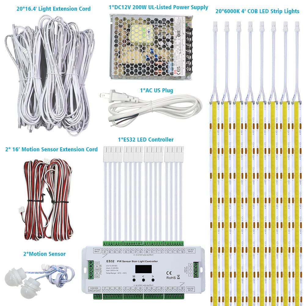 SuperlightingLED Intelligent Motion Sensor Stair Lights Indoor Staircase Lighting Kit ES32 PIR Sensor 4Feet Wide Cuttable Daylight White Dotless COB LED Strips 20PCS Complete Item (6000k)