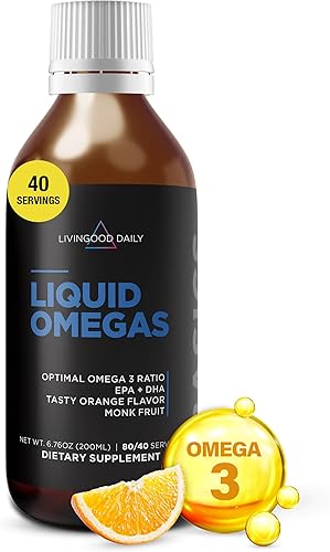 Livingood Daily Aceite de pescado líquido Omega 3, suplemento EPA y DHA con sabor a fruta de monje y naranja, apoya la salud del corazón, las