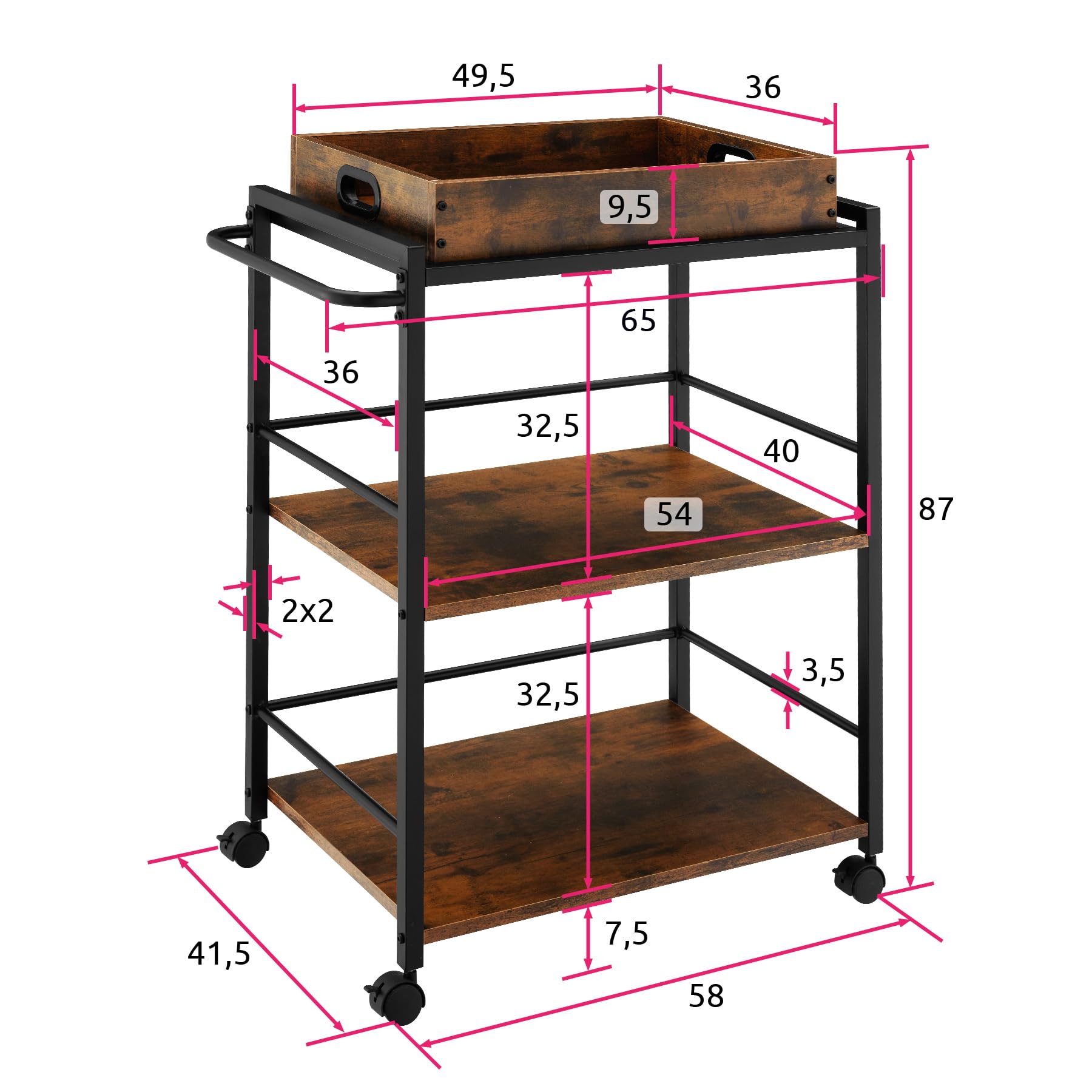 tectake® Carrello Portavivande - 65 x 41,5 x 87 cm - Carrello Cucina con Ruote, Vassoio Removibile, Struttura in Acciaio, Mobiletto Salvaspazio, Organizer Cucina - Legno Industriale Scuro