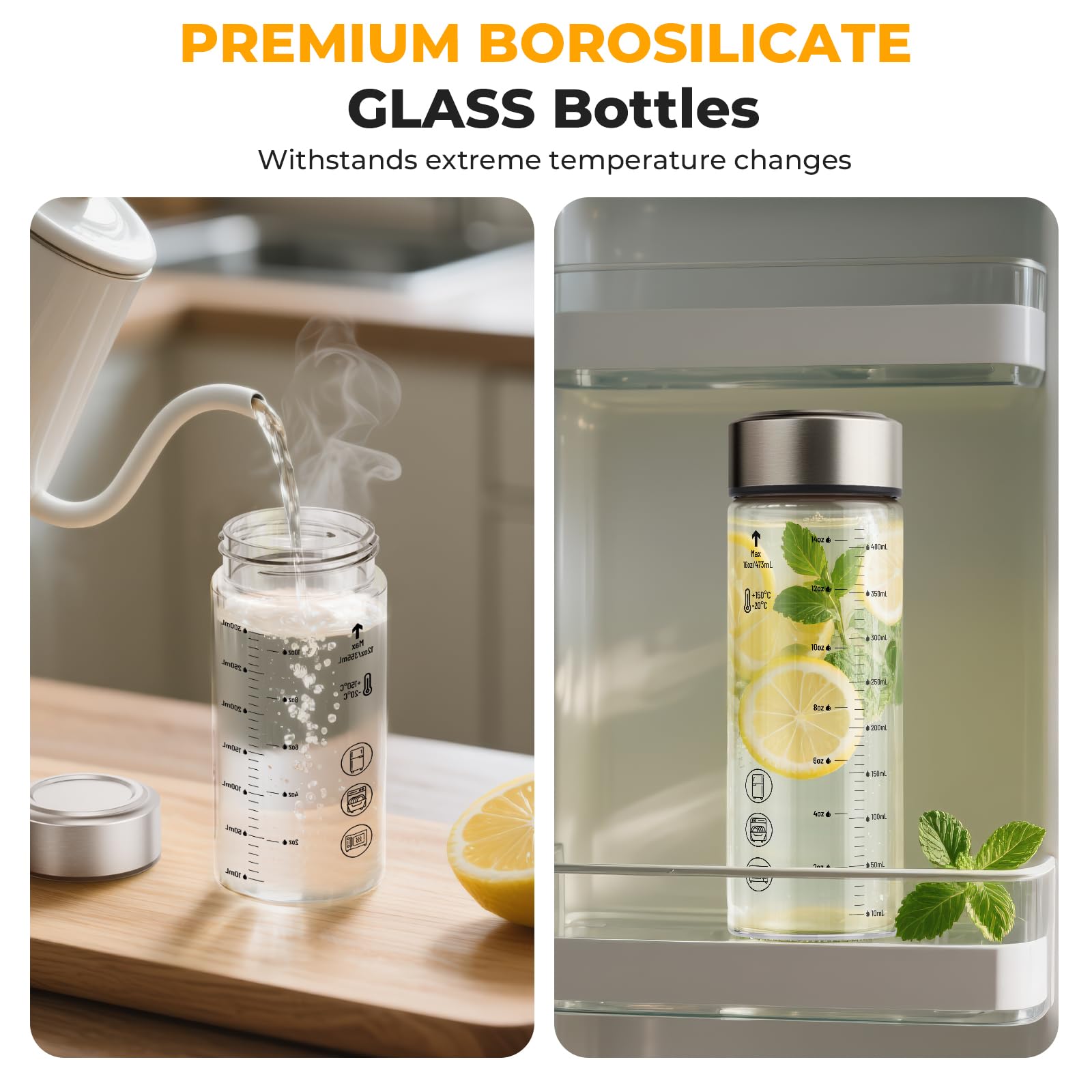 Botellas de vidrio para jugo, paquete de 6 botellas de vidrio de borosilicato de boca ancha con tapas, resistentes al calor, a prueba de fugas, sin BPA, reutilizables para jugos, licuados 2