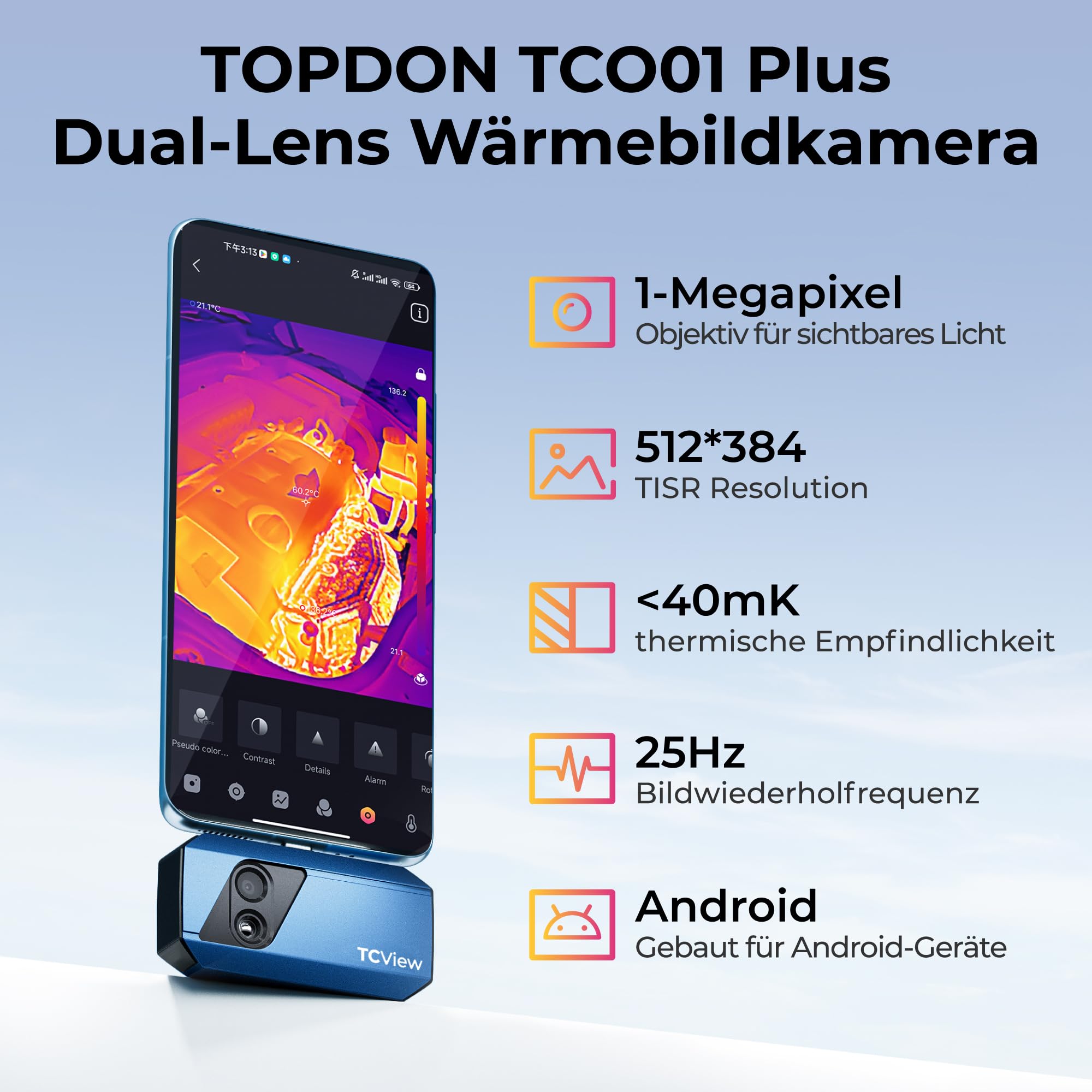 TOPDON TC001 Plus Wärmebildkamera Android, 512x384 TISR-Auflösung mit Visueller Kamera, –20°C~550°C Temperaturbereich, 25Hz Bildfrequenz, Dual-Objektiv Wärmebildkameras für Smartphone,Tablet und PC