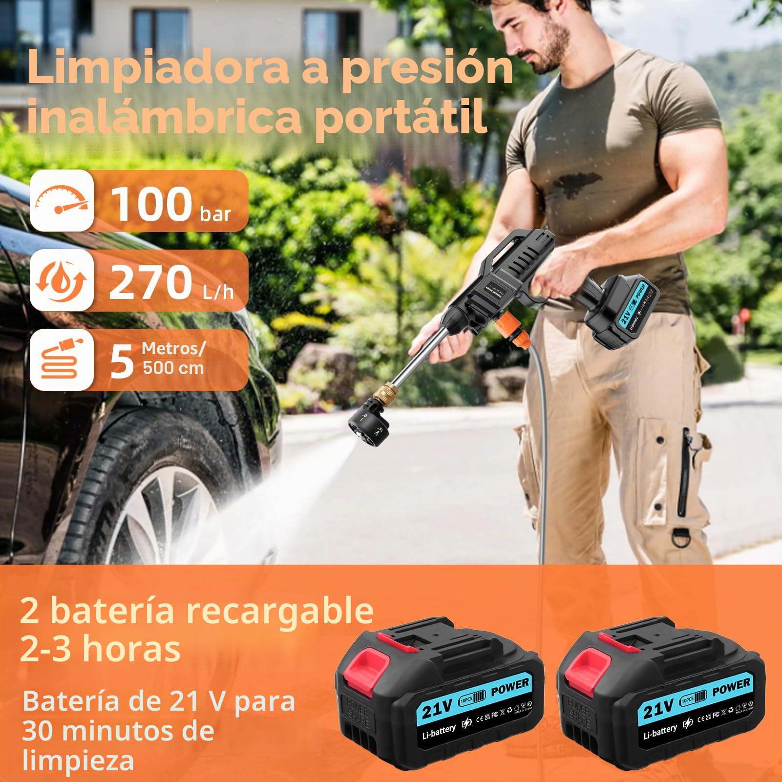 Hidrolimpiadora inalámbrica, hidrolimpiadora portátil inalámbrica de 21V 62Bar, hidrolimpiadora con 2 baterías, Boquilla multifunción 6 en 1, Manguera de 5 m, depósito con Filtro, para Coche y Patio