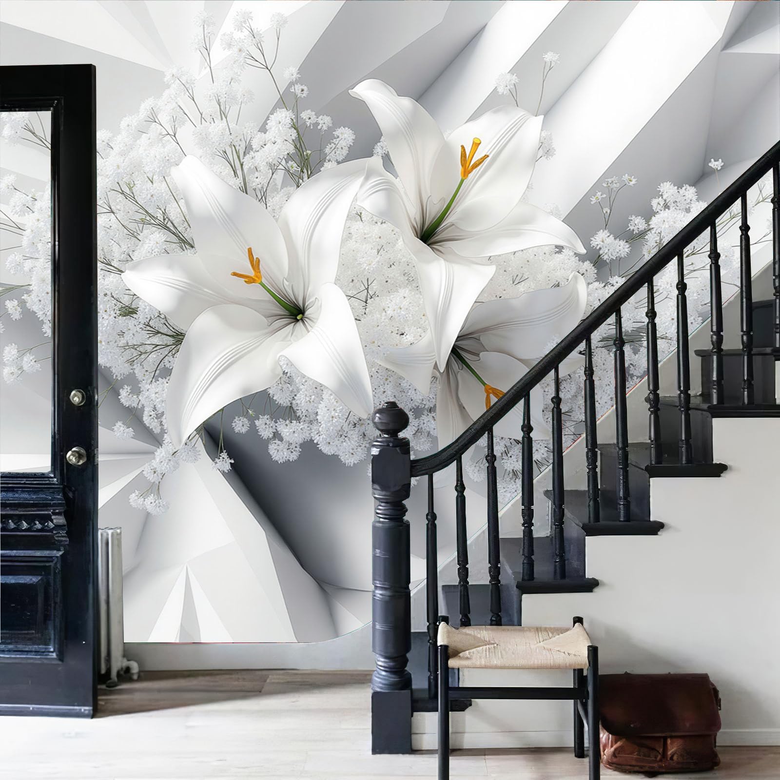 Poster géant mural 3D lys et gypsophile, décoration premium luxe 450x315cm