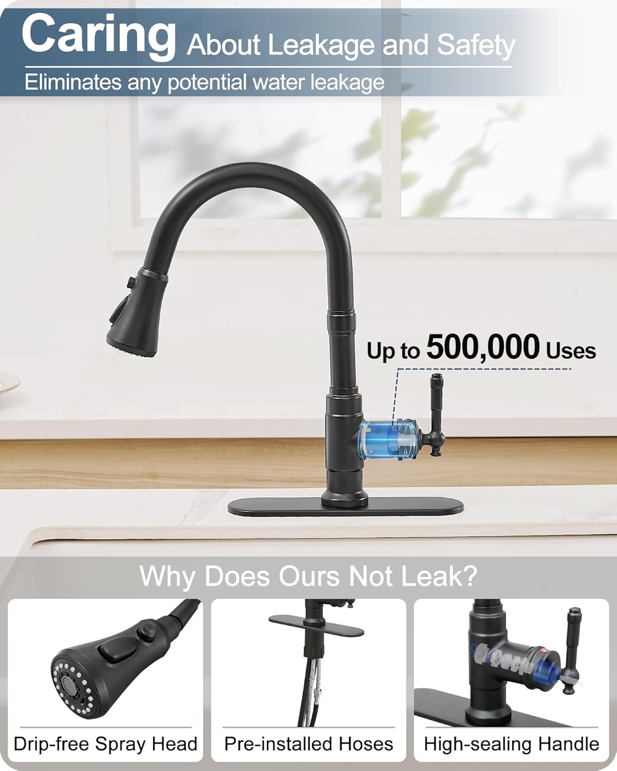 Pull Down Kitchen Faucet & Bathroom Faucet, 3-Modes Black Kitchen Faucet with Sprayer 1 Hole, 4-16 Inch Brass Waterfall Bathroom Sink Faucet 3 Hole with Drain