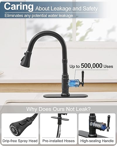 Miniatura 4 de HOIGY Grifo de cocina negro con rociador extraíble, 3 funciones, grifos de cocina de 1 o 3 agujeros con pulverizador, grifo de arco alto de una sola