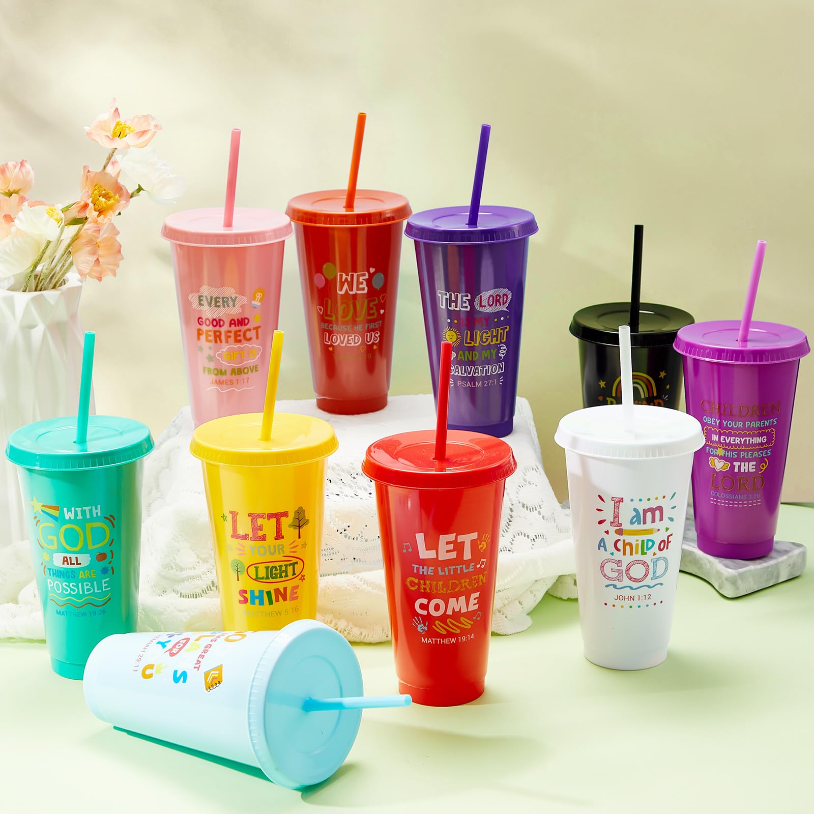 Uiifan Lot de 30 gobelets chrétiens en plastique avec couvercles et paille - 710 ml - Cadeaux chrétiens inspirants pour enfants, Noël, dimanche, école, fête religieuse