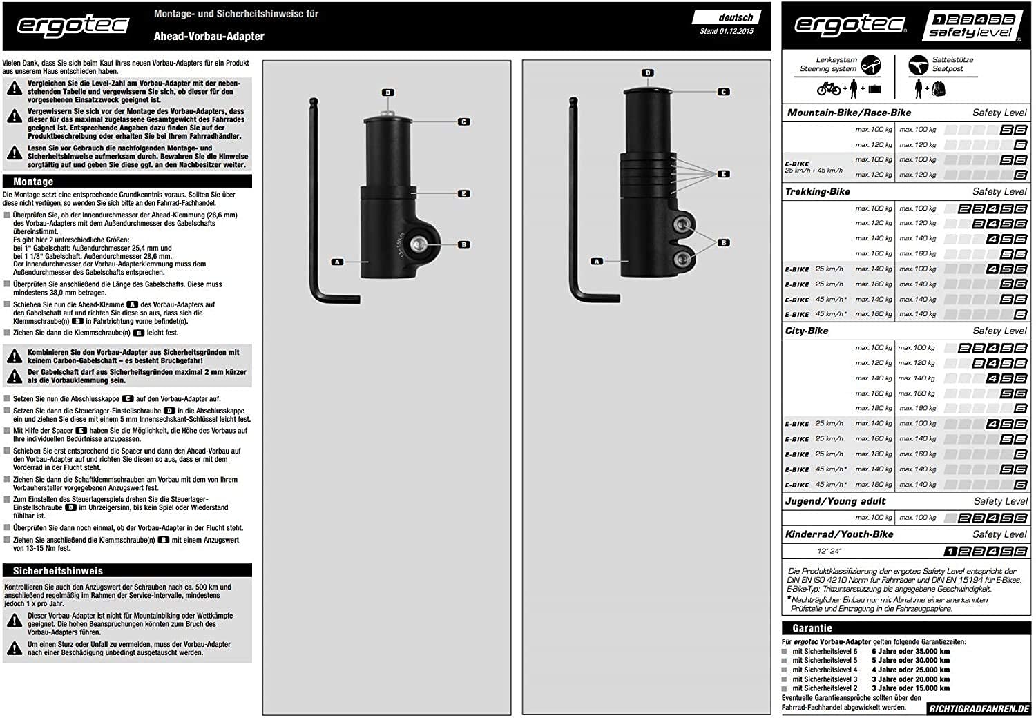 P4B | Ahead - Adapter für 1 1/8 Ahead-Vorbauten in Schwarz/Matt | Safety-Level 4 | Inkl. 5 Spacer | Ergotec Ahead 3 Vorbau-Adapter für Fahrrad und E-Bike