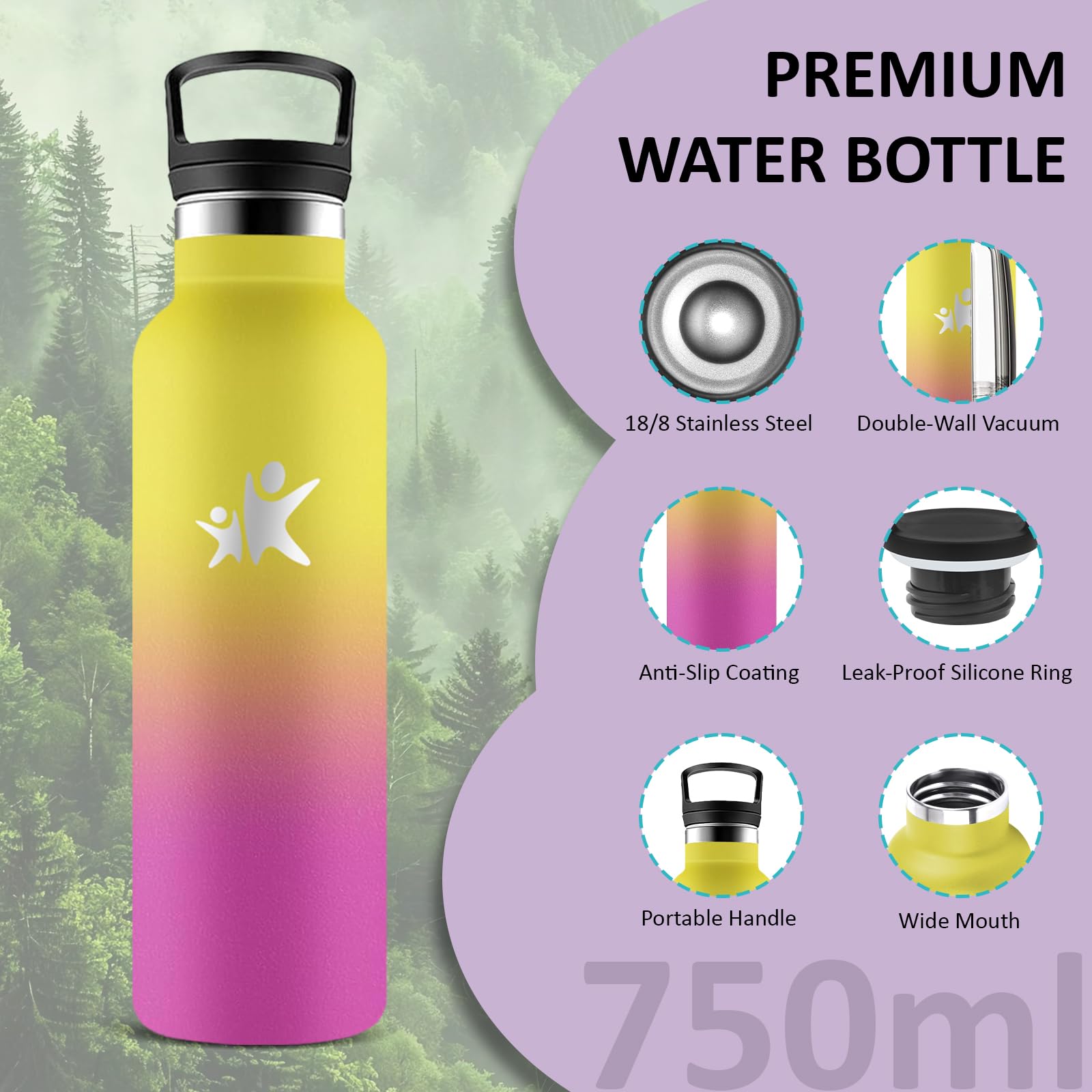 Borraccia Termica 750 ml, Borracce Termiche Senza BPA, Borracia con Cannuccia, Senza Perdite, Bottiglie Palestra, Mantiene Caldo per 12 Ore/Freddo 24 Ore, per Campeggio, Viaggio, Fitness, Palestra