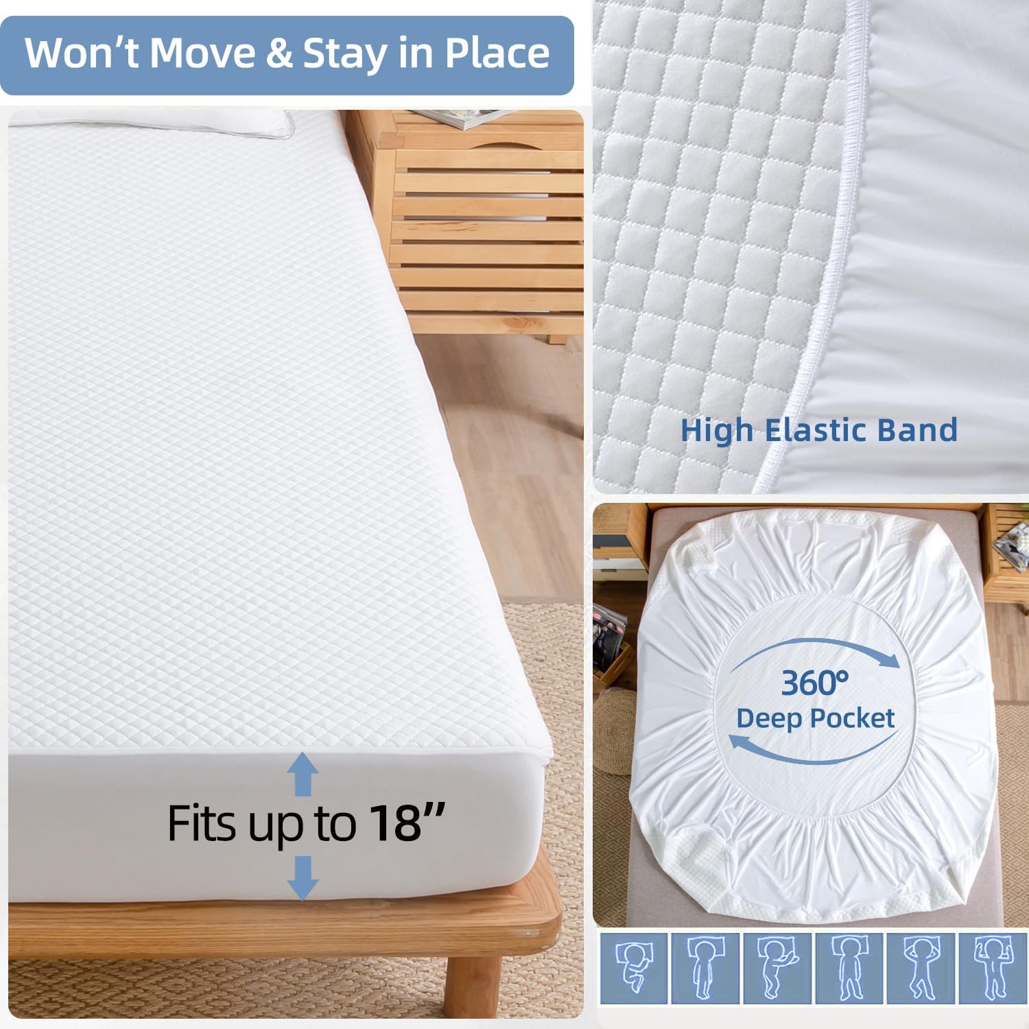 JOSOP Waterproof Mattress Protector Queen Size,3D Air Fabric Bamboo Viscose Queen Mattress Cover,20" Deep Pocket Fitted Sheet Bed Cover,Breathable Cooling Noiseless Washable Mattress Pad for Bedroom