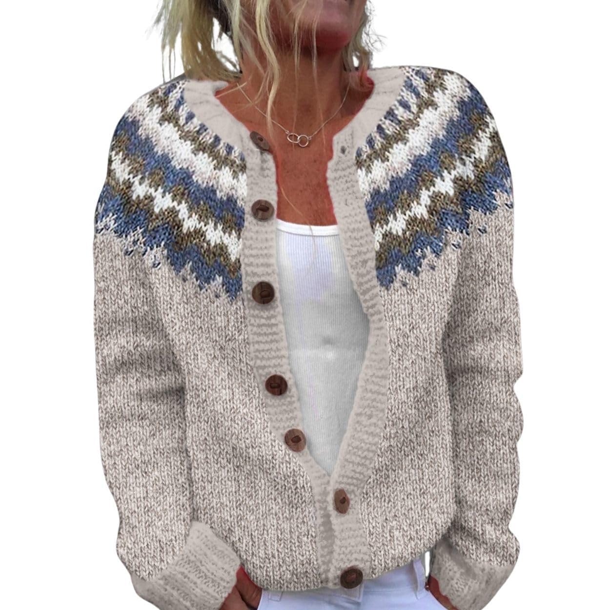 HOTYD Fair Isle Cardigan Sweaters for Women Crew Neck Loose Fit Button Up Chunky Sweater Open Front Casual