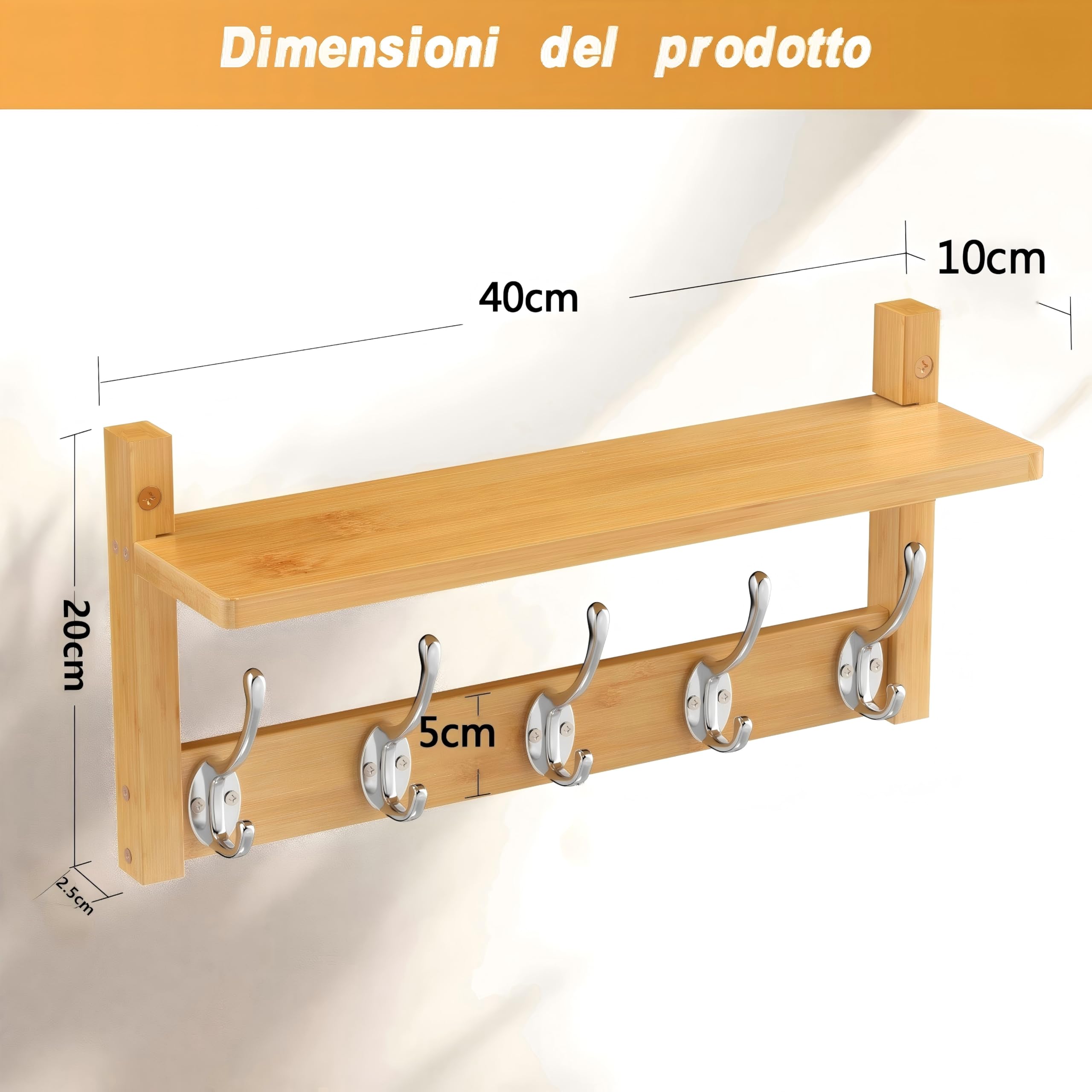 VASMIA Appendiabiti a Parete con Mensola, Mensola a Parete in Bambù con Ganci, Appendiabiti per Ingresso, Bagno, Soggiorno, Camera da Letto,Naturale