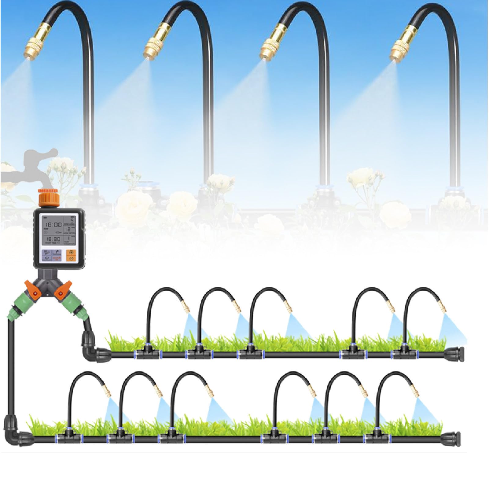 Sistema di irrigazione automatico con design curvo a 360°, ugelli nebulizzatori regolabili, timer intelligente per un'irrigazione efficiente della serra, 40 m