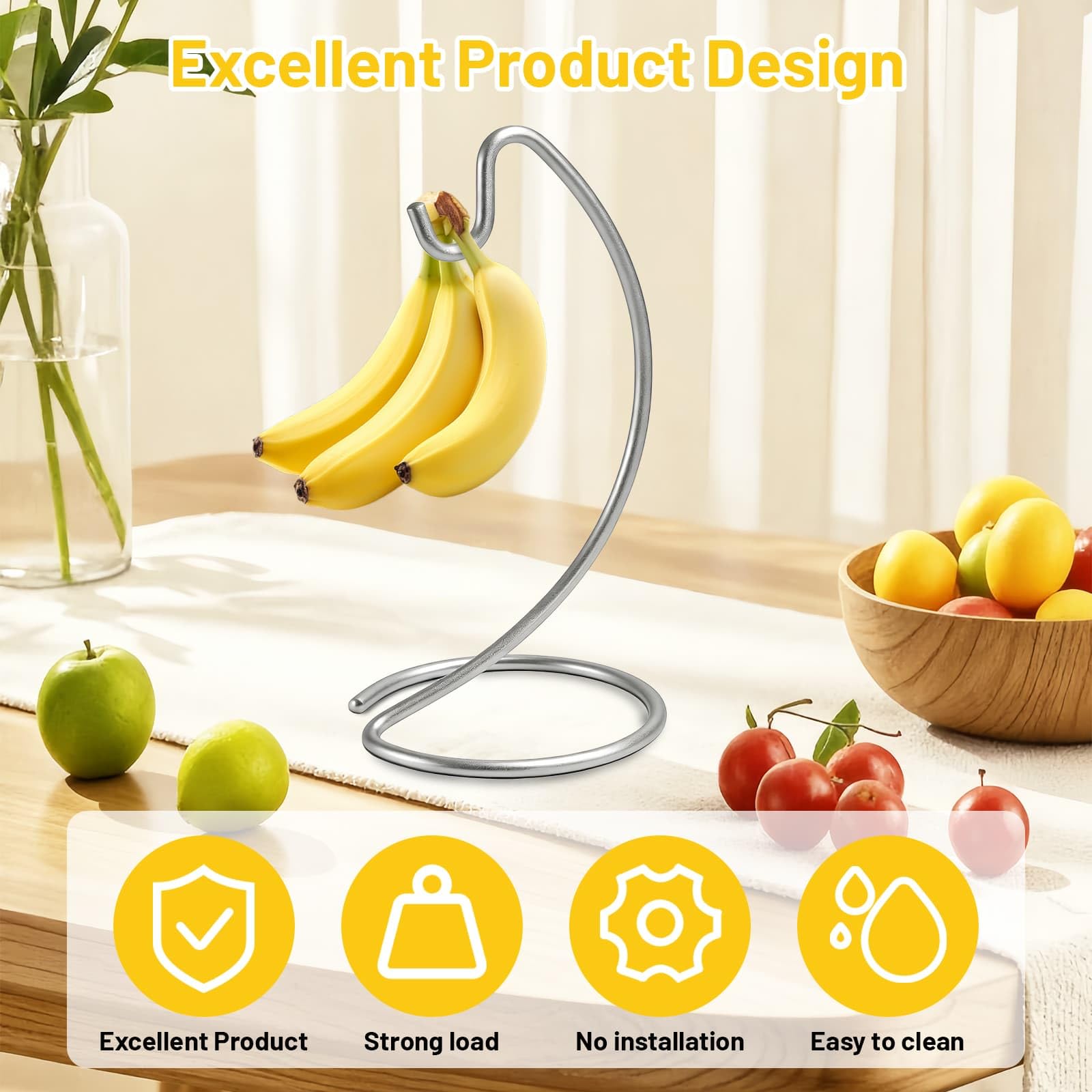 DYUEE Bananenhalter-Ständer – moderner Bananenaufhänger, Metall-Bananenaufhänger, Baumständer, Haken für Küche, Arbeitsplatte, um Bananen frisch zu halten, für 6,8 kg (Silber)