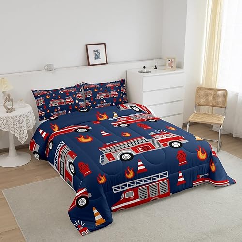 Miniatura 2 de Juego de ropa de cama de coche de dibujos animados para niños, niñas, adolescentes, decoración de habitación, edredón de bomberos, automóvil,