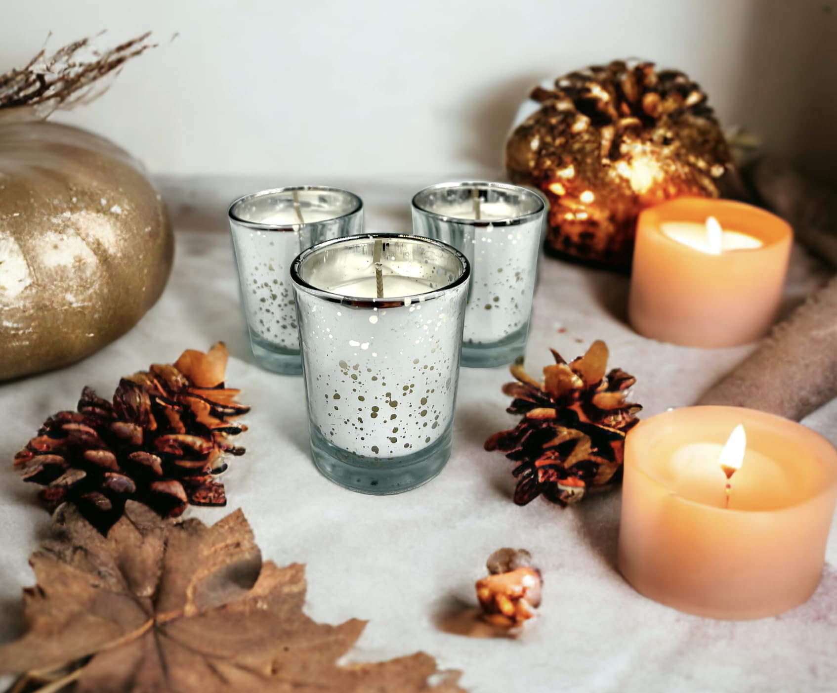 Mister Candle - Unscented Silver Mercury Filled Glass Votive Candles Jar, Perfect Home Decoration, Wedding Favors Hand Poured in USA (Set of 12) (Unscented)