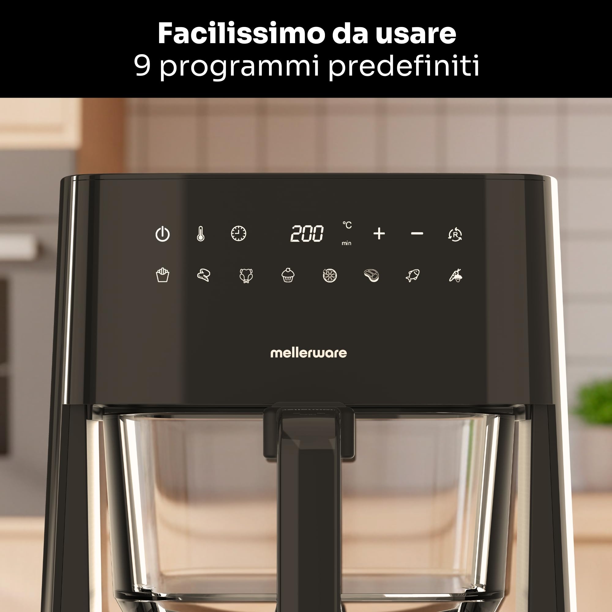 MELLERWARE - Friggitrice ad aria 1450 W | Cestello vetro 4,5 L | 9 programmi + preriscaldamento | Schermo tattile | Temp 80-200 °C | Timer 60 min | Lavabile in lavastoviglie
