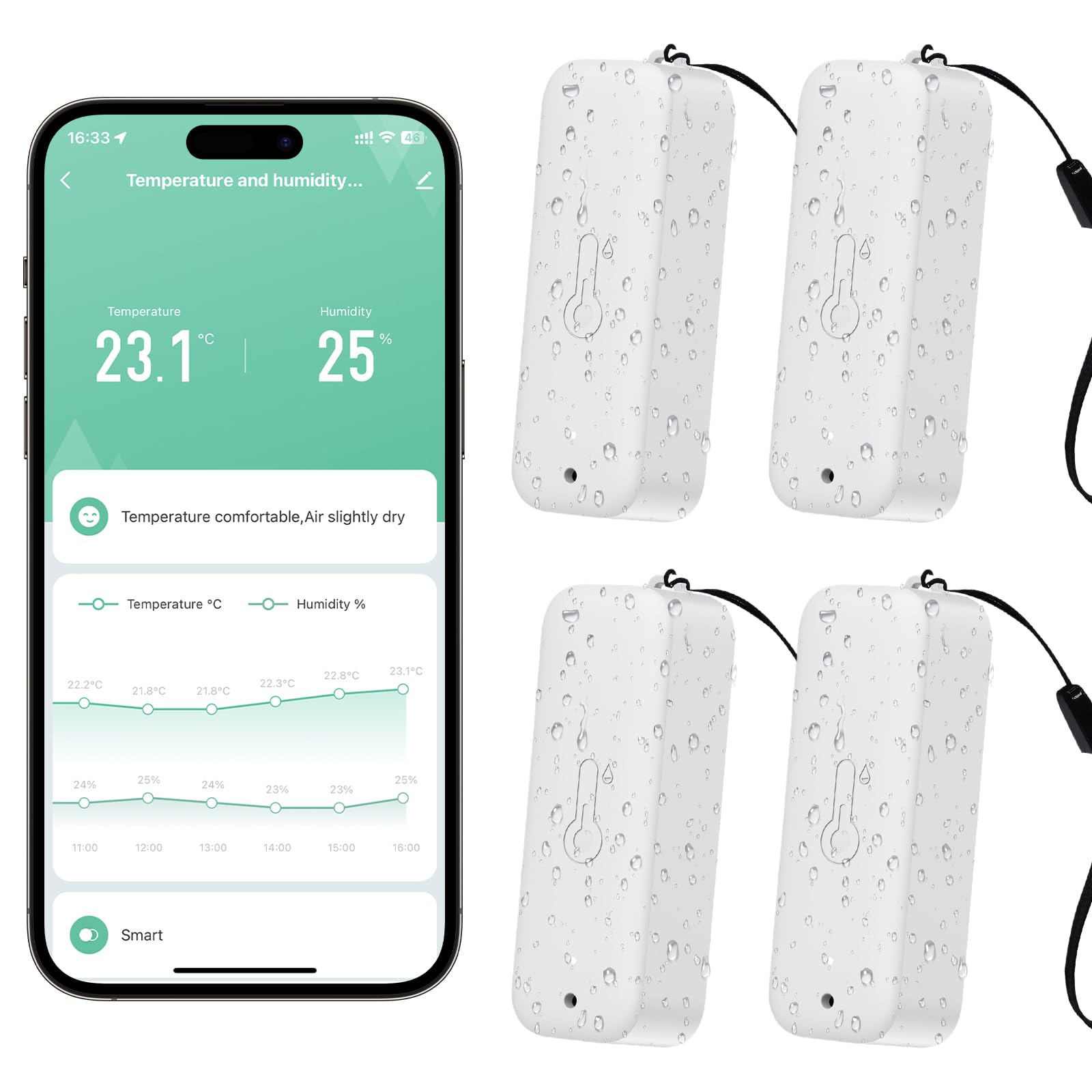 WIOONI WLAN Hygrometer Thermometer Innen Außen, WiFi Thermometer mit Remote-App-Benachrichtigungsalarm, Mini Außenthermometer für Gewächshaus Babyzimmer Keller Inkubator, Kompatibel Alexa, 4 Pack